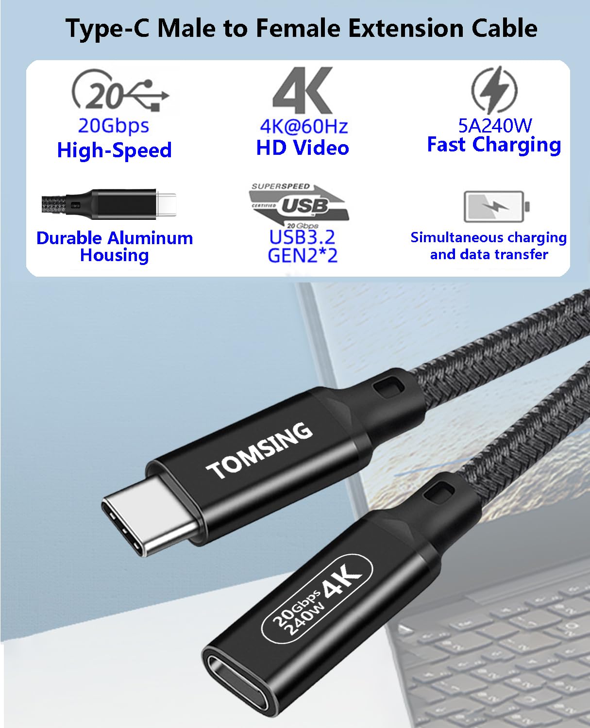 Cavo di prolunga USB C da 240 W, 20 Gbps, 4 K a 60 Hz, extra lungo, USB 3.2 tipo C maschio a femmina, prolunga per ricarica e sincronizzazione per smartphone, tablet, laptop, PlayStation, Xbox
