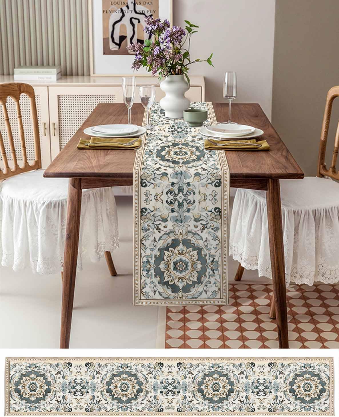 Bohemia Cotton and Linen Table Runner 72 Inches, Abstract Vintage Pattern Dresser Decor Table Runners for Dining Party Holiday Wedding Table Decoration