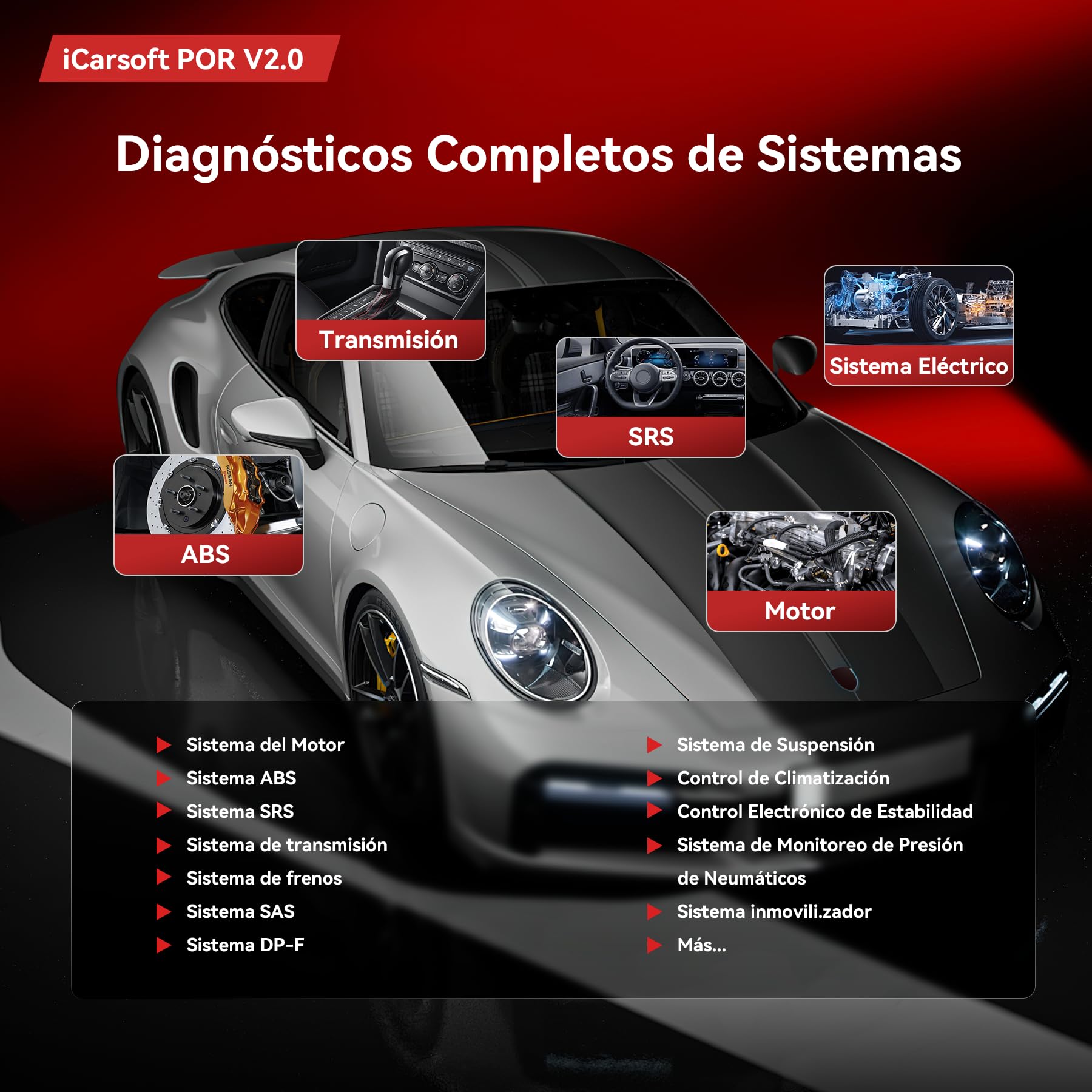 iCarsoft por V2.0 OBD2 Máquina Diagnosis Coche para Porsche/Cayenne/Macan, Escáner de Todo el Sistema, Detector Fallos Coche con 9 Funciones Reinicio, Prueba de Batería, Actualización de por Vida
