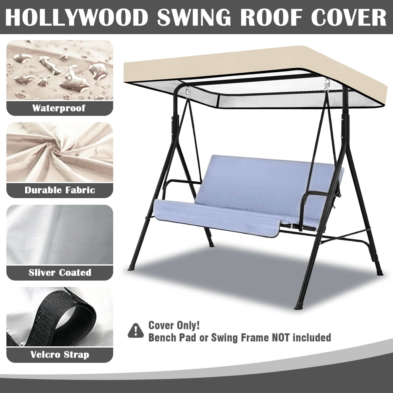 Housse de toit pour balancelle hollywoodienne - 213 x 122 x 18 cm - Toit de rechange pour balancelle - 3 places - Tissu Oxford 210D imperméable - Pour balançoire - Beige