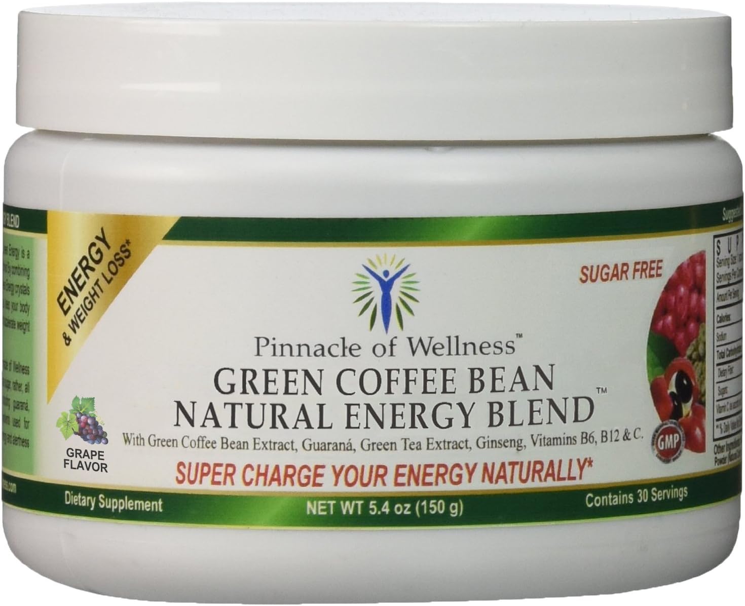 Pinnacle of Wellness Green Coffee Bean Extract Natural Energy Blend Powder – Grape Flavor – 30 Servings – 5.4oz (150g)
