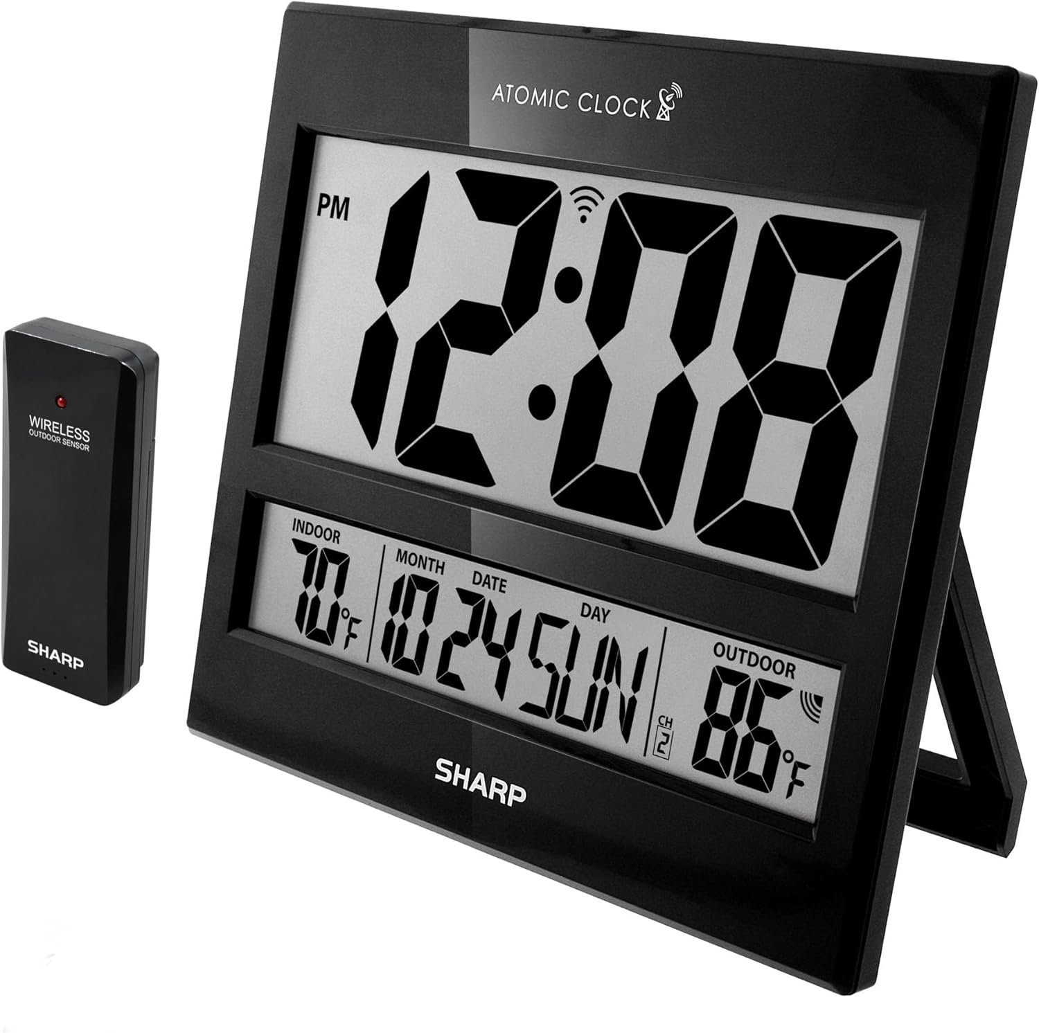 Sharp Atomic Clock – Never Needs Setting, Jumbo 3” Easy-Read Display, Indoor & Outdoor Temperature with Wireless Sensor, Large Digital Wall or Desk Clock, Battery Operated, Auto Atomic Time Sync