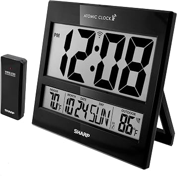Sharp Atomic Clock Never Needs Setting, Jumbo 3 Easy-Read Display, Indoor & Outdoor Temperature with Wireless Sensor, Large Digital Wall or Desk Clock, Battery Operated, Auto Atomic Time Sync