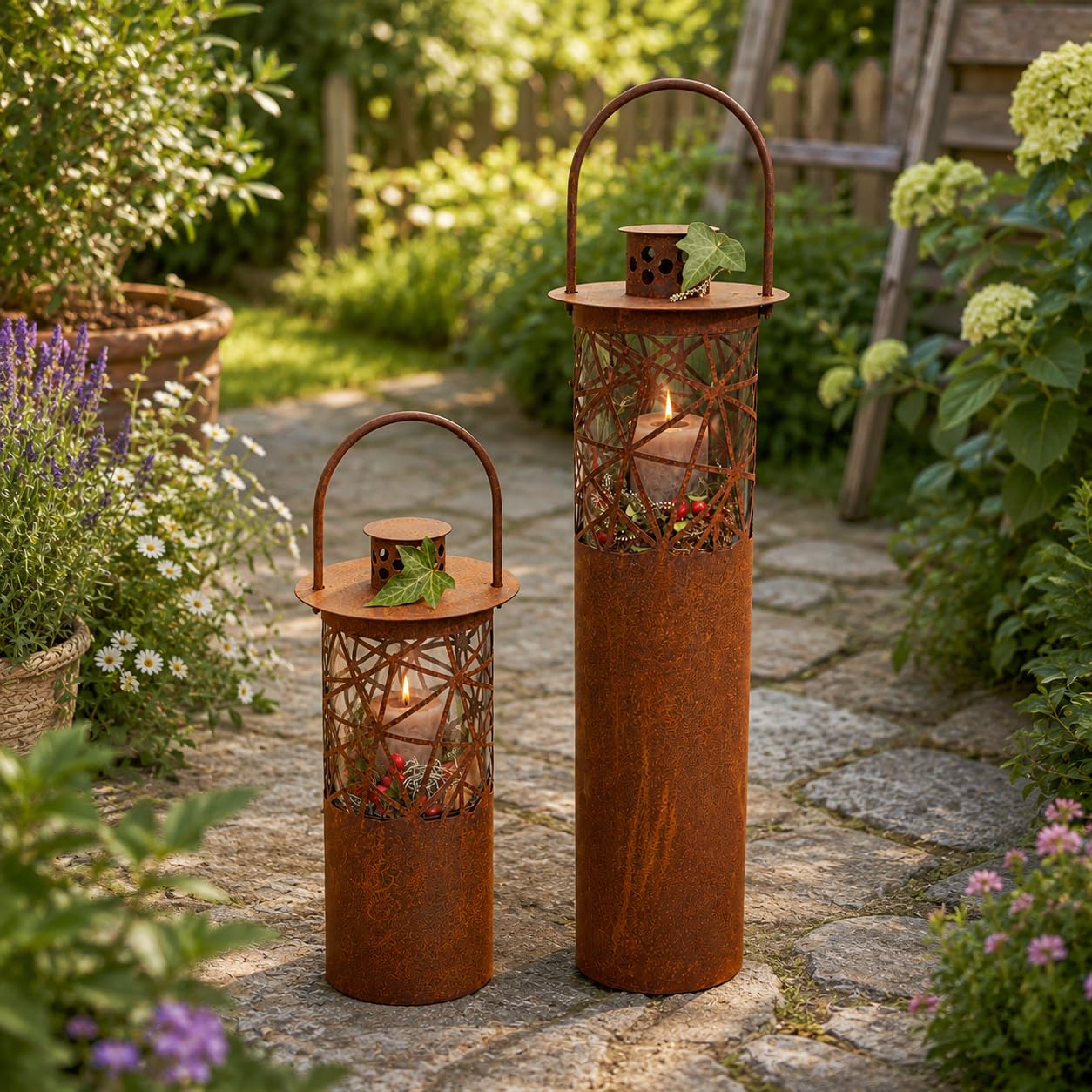 Edelrost Laterne Arte - Gartendeko - Rustikal - mit Glaseinsatz für Kerzen - Vintage Optik (47)