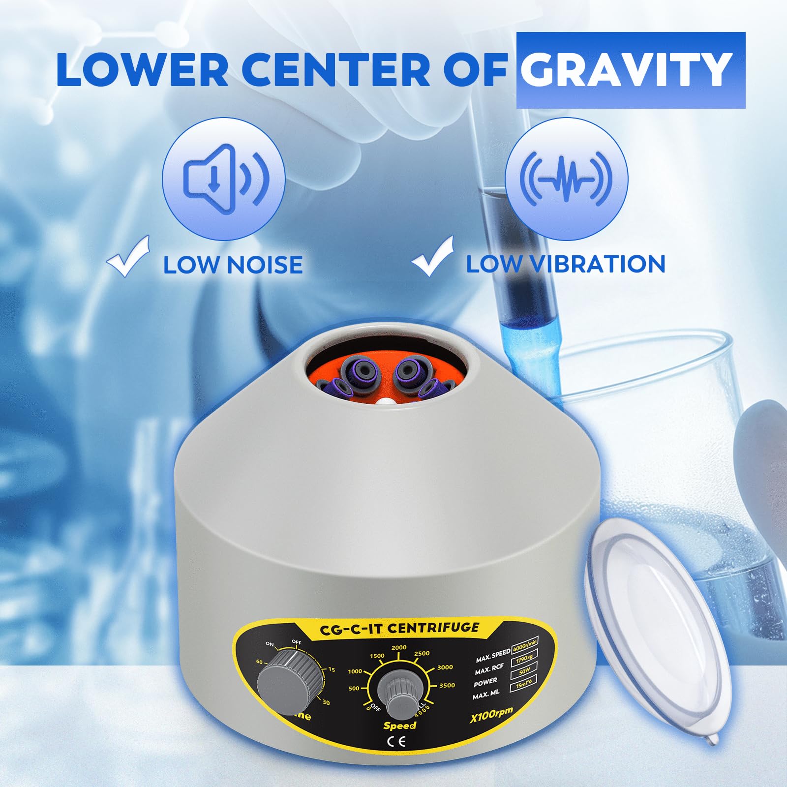 CGOLDENWALL Centrifugadora de Laboratorio, 6*15ml, 4000rpm, 1790xg RCF, Centrífuga con Temporizador de 60 Minutos y 2 Juegos de Adaptadores, Tubos de Vacío de 5/10 ml y Tubos de Centrífuga de 10/15 ml