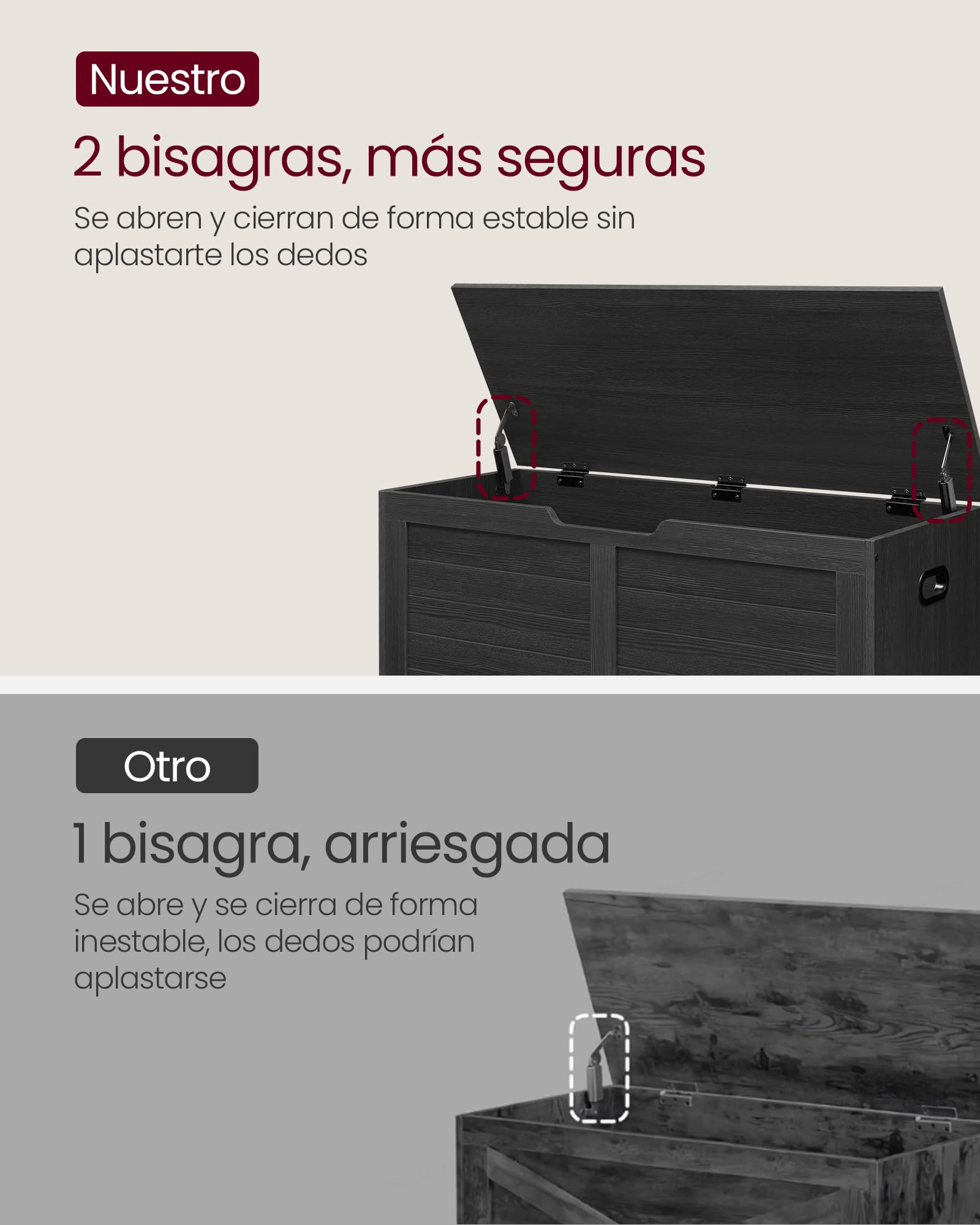 VASAGLE Puff Almacenaje con 2 Bisagras de Seguridad, 40 x 100 x 46 cm | Baúl, Banco Zapatero, Estilo de Campo, para Pasillo Dormitorio Salón, Gris Carbón, Colección SOFIE LSB061B01