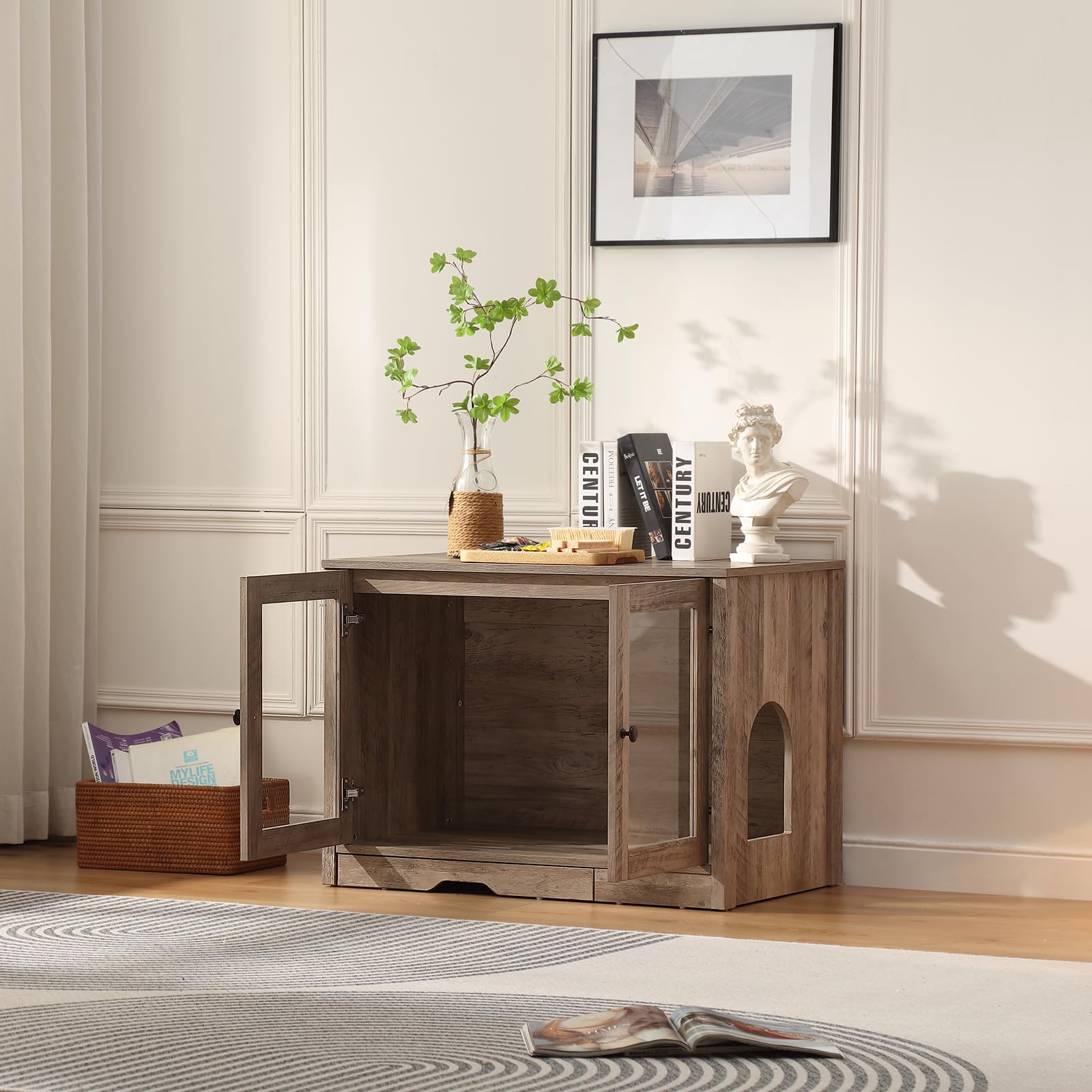 FOREST GRAVITY Cat Cabinet Litter Box Small Armadietto per gatti Lettiera Piccoli mobili per Lettiera Moderna 82 * 58.5 * 53 cm Casa per gatti con porta e divisorio separato Bianco Grigio