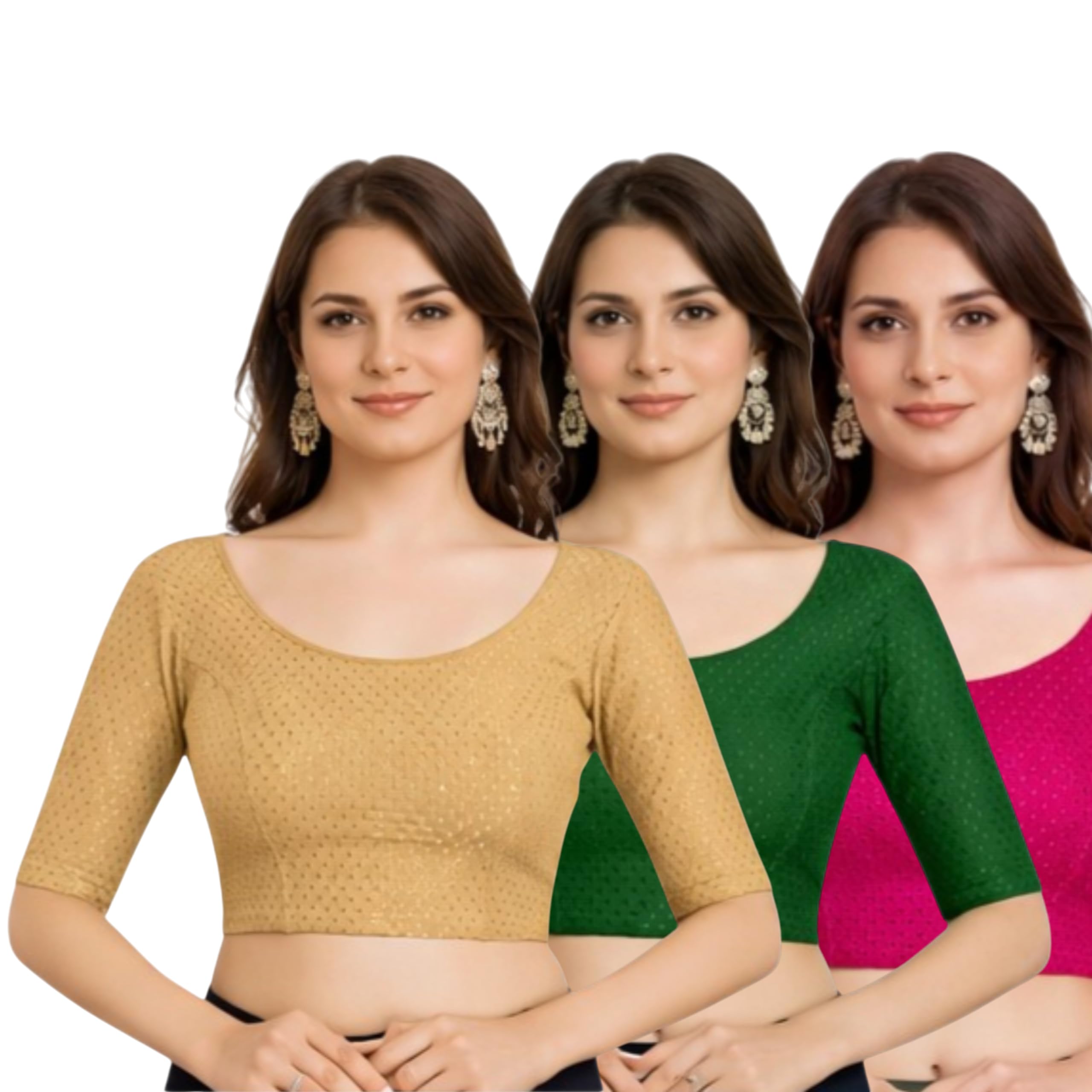 aulbo Blouses for Women Readymade Stylish Pack of 3 | Ready to Wear Saree Blouse Combo Set | Stretchable Cotton Blend Elbow Sleeve Choli | Premium Textured Ethnic Wear-picture-15
