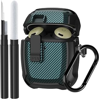 Google Pixel Buds Pro & Pro 2 Case with Cleaner Kit, Military Shell Protective Cover with Lock & Carabiner, Black/Green