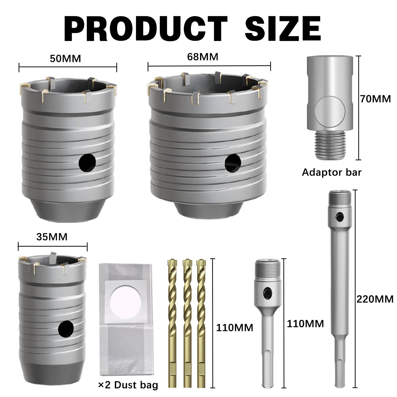 Lot de 11 couronnes diamantées creuses/scies à coupe Ø35/50/68 mm avec SDS Plus & adaptateur couronne diamantée pour prise de maçonnerie, brique, béton, ciment, pierre scie cloche pour