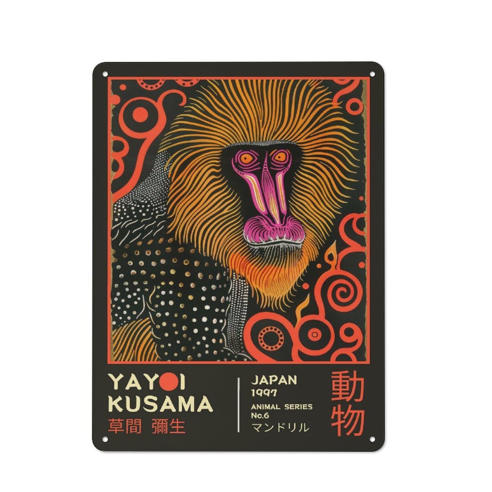 Junmoney Style-19 Country Style Yayoi Kusama Mandrill No.6 Exhibition Poster Decorative Metal Sign 40X30cm, Bistro Wall Plaque For Restaurant, Kitchen, Counter Or Breakfast Nook