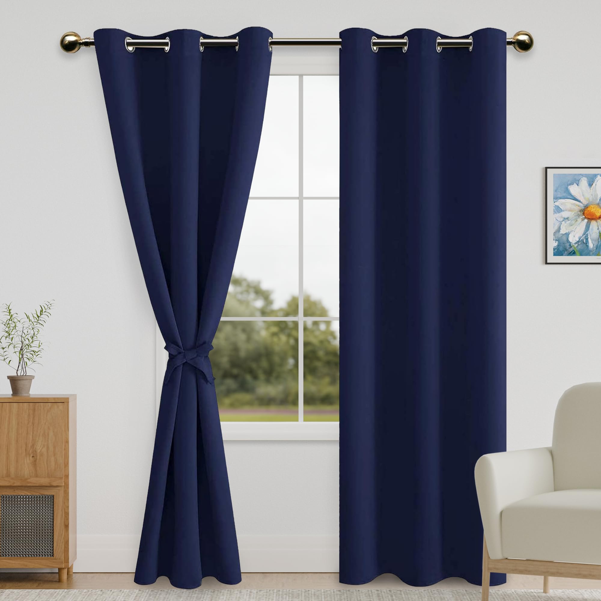 DWCN Blackout Curtains for Bedroom - 42 x 84 Inches Long Thermal Insulated & Light Blocking Grommet Window Curtains for Living Room with Tiebacks, Navy Blue, 2 Drape Panels — image 1