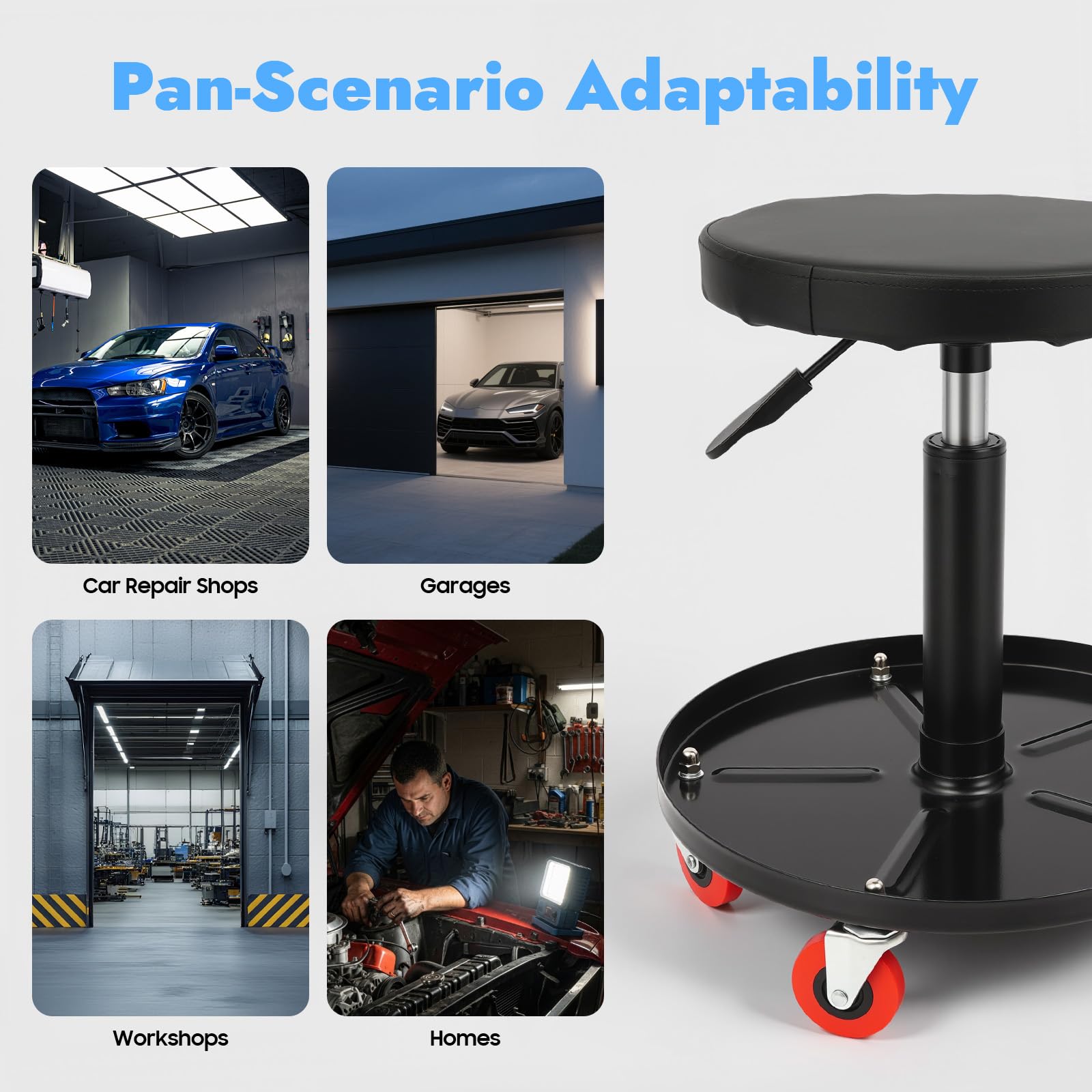 Asiento de taller, taburete de taller con ruedas, bandeja de almacenamiento, rotación de 360°, altura ajustable para reparación de coches, mantenimiento, tiendas, oficinas