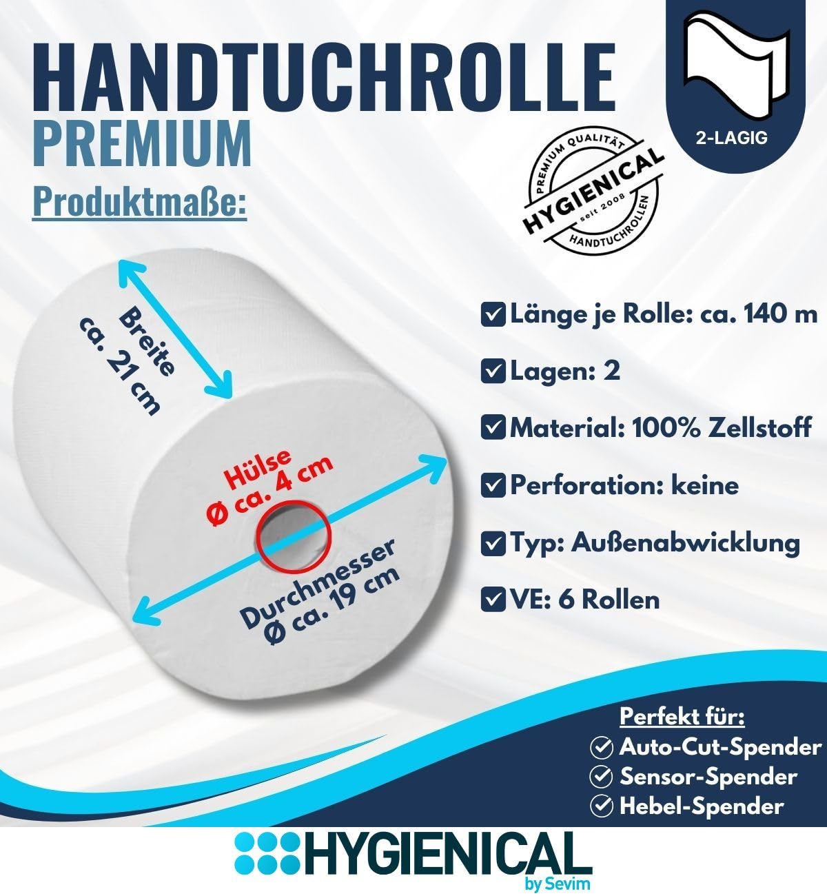 6 Premium Handtuchrollen 2-lagig – 100 % Zellstoff, 21 cm breit – Für Spender mit Außenabwicklung | Weiche & saugstarke Papierhandtücher für Gastronomie, Büro & Werkstatt