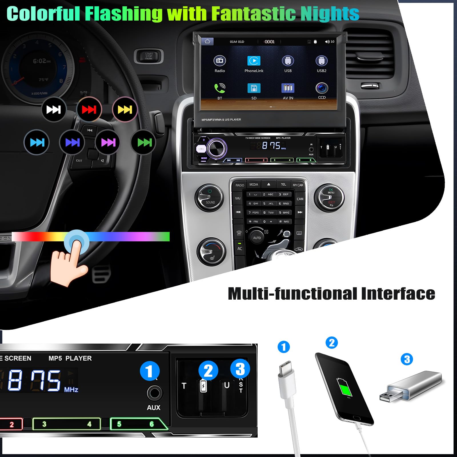 CAMECHO Autoradio 1 DIN con Carplay Inalámbrico, 7 Pulgadas Bluetooth Radio Manual Pantalla Extensible con Android Auto Mirror Link FM/Am RDS Control del Volante USB/AUX +Cámara Trasera