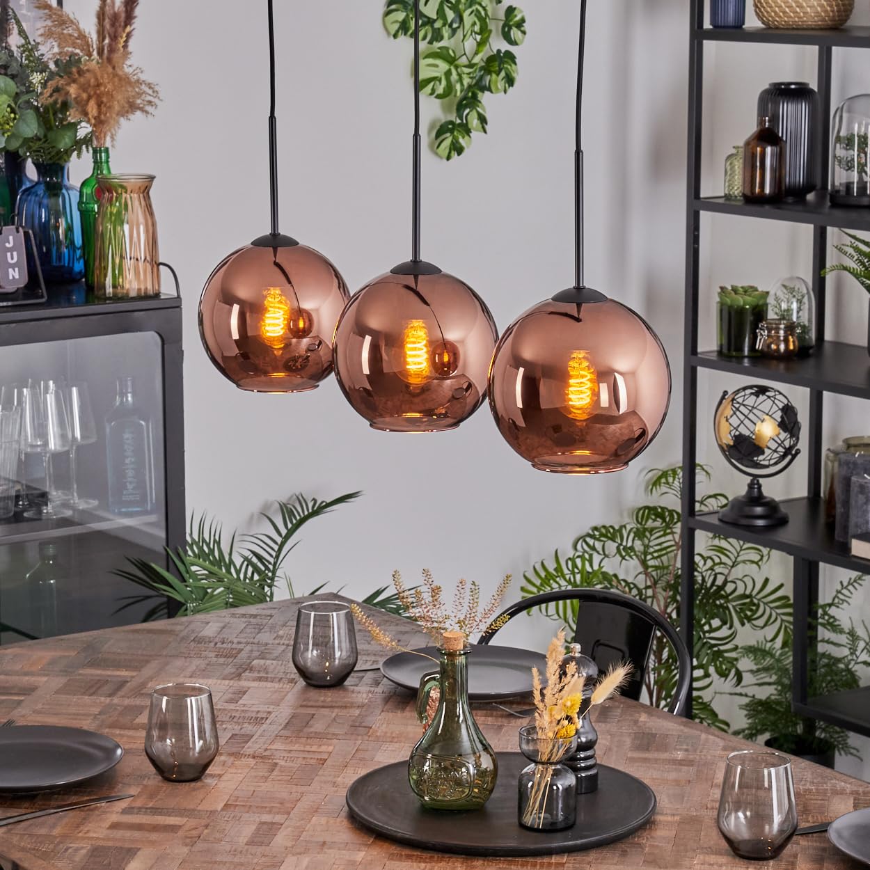 HOFSTEIN Koyoto 3-Bulb Pendant Light Metal / Glass in Black / Copper Modern Pendant Light in Retro/Vintage Design (Shade Diameter 20 cm), E27, Dining Room, Living Room, Kitchen