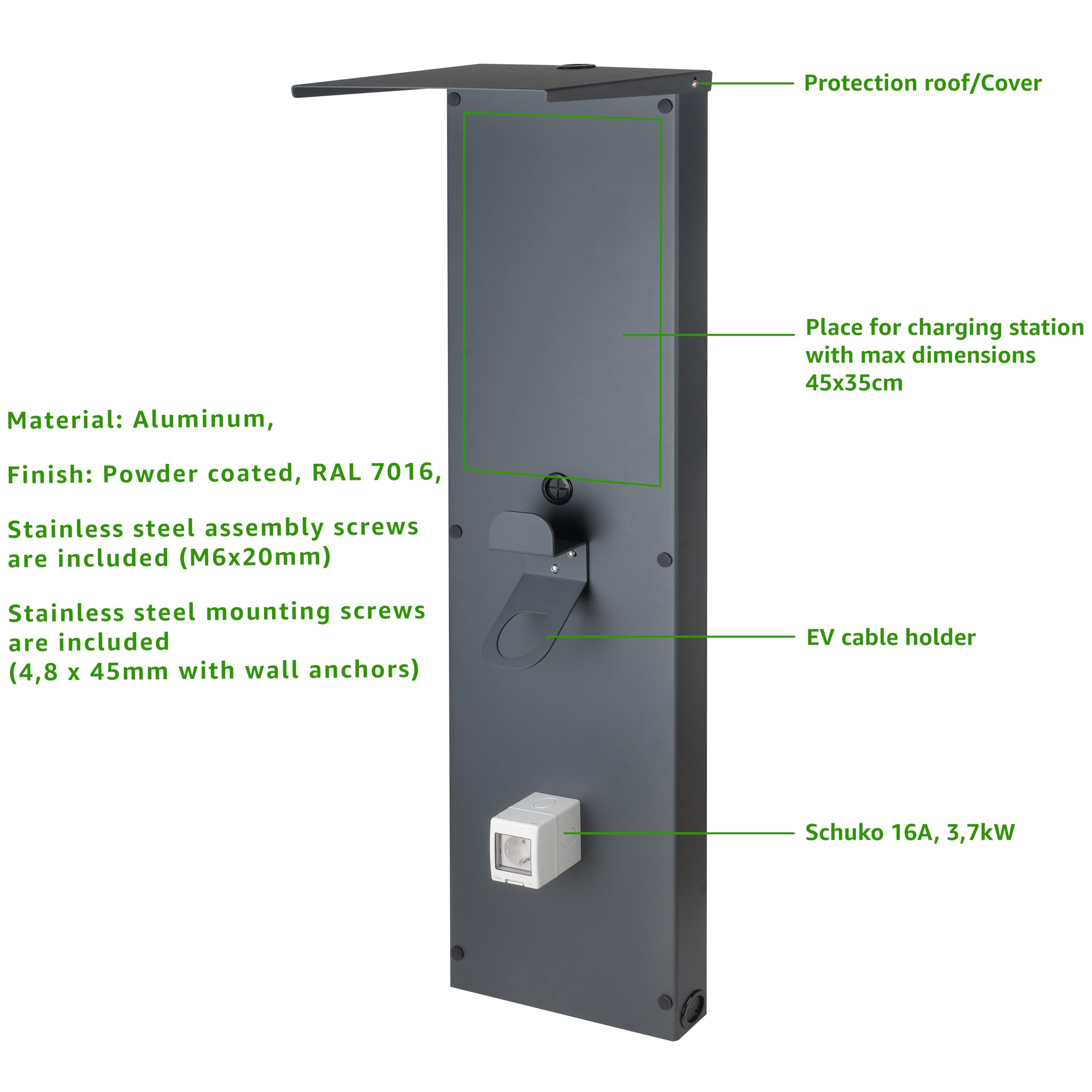 Colonna Universale Wallbox in Alluminio per Installazione Stabile della Stazione di Ricarica e Postazione di Ricarica Organizzata per Veicoli Elettrici Piastra per Facciata per Wallbox