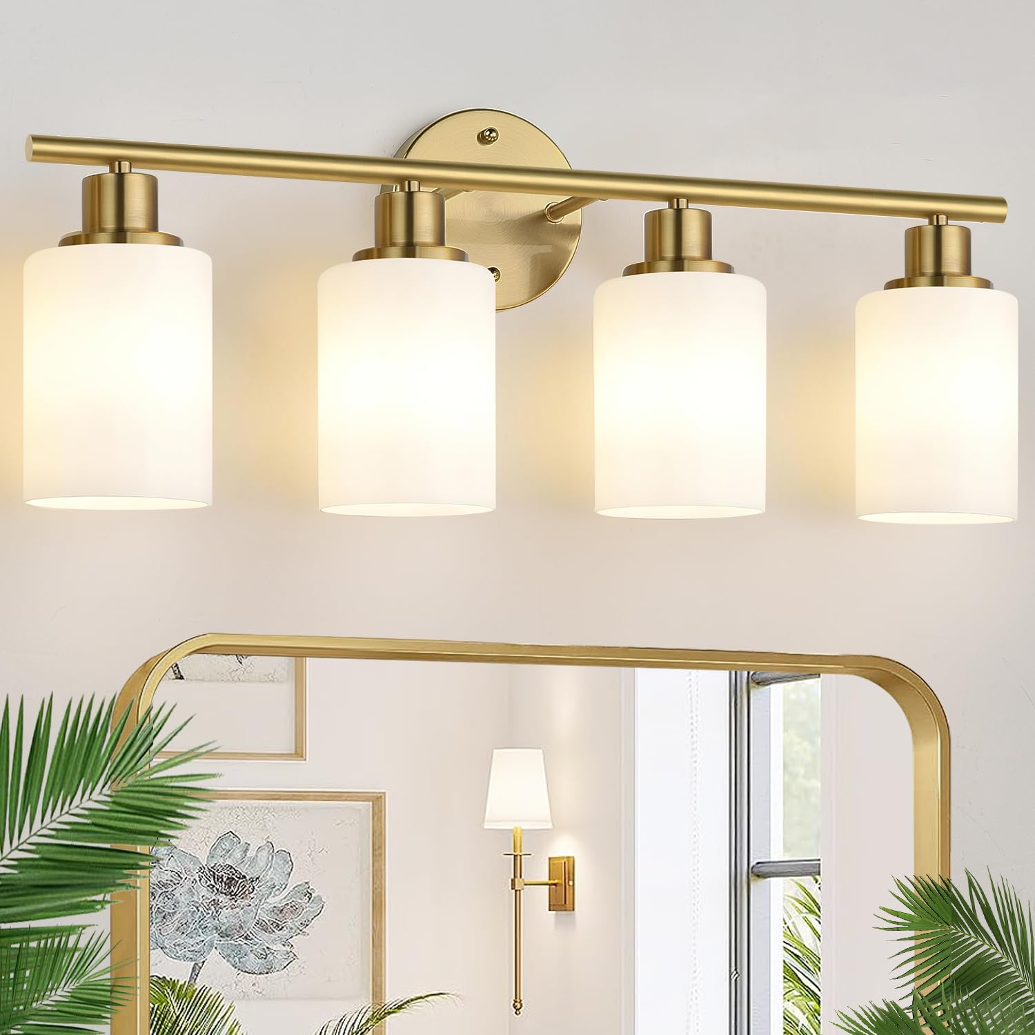 Zarbitta 4-Light Bathroom Light Fixtures, Brushed Gold Modern Vanity Lights with Milky White Frosted Glass Shades, Bathroom Wall Lamp for Mirror Kitchen Living Room