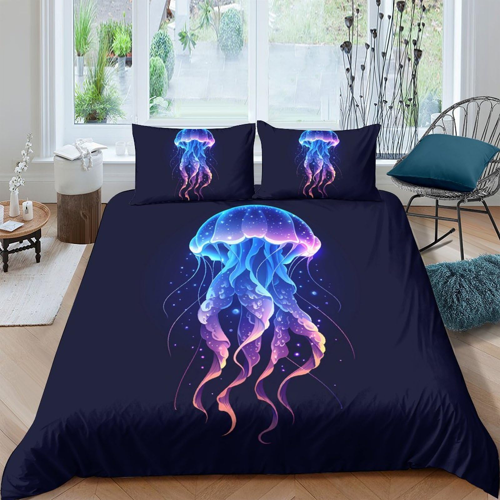 Ctjqhvkz Style-8 3D Printed Neon Jellyfish Fitted Sheet Microfiber Soft Breathable Ocean Night Mattress Cover For Bedroom Guest Room Decor Single（135X200cm）