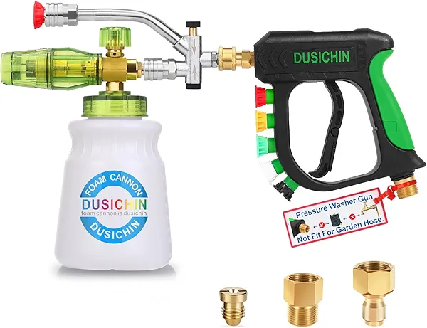 DUSICHIN Short Pressure Washer Gun Foam Cannon Nozzle Dual Connector Shift Valve, Car Wash Foam Cannon Kit 1/4 Inch Quick Connector, 5 Pressure Washer Nozzle Tips,Double Tip Attachment For Soap Cannon
