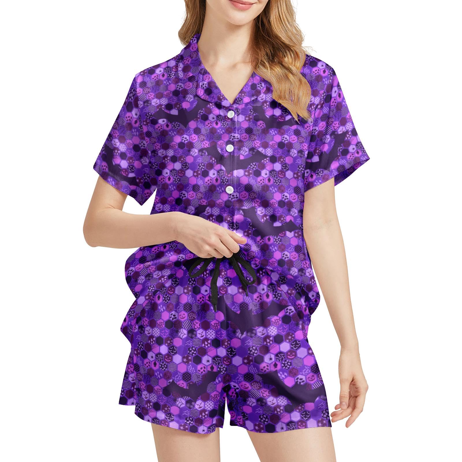Funny Pajamas for Women Set Print Satin Loungewear Pjs Short Sleeve Button Down Top and Shorts Sets Sleepwear XS-3XL