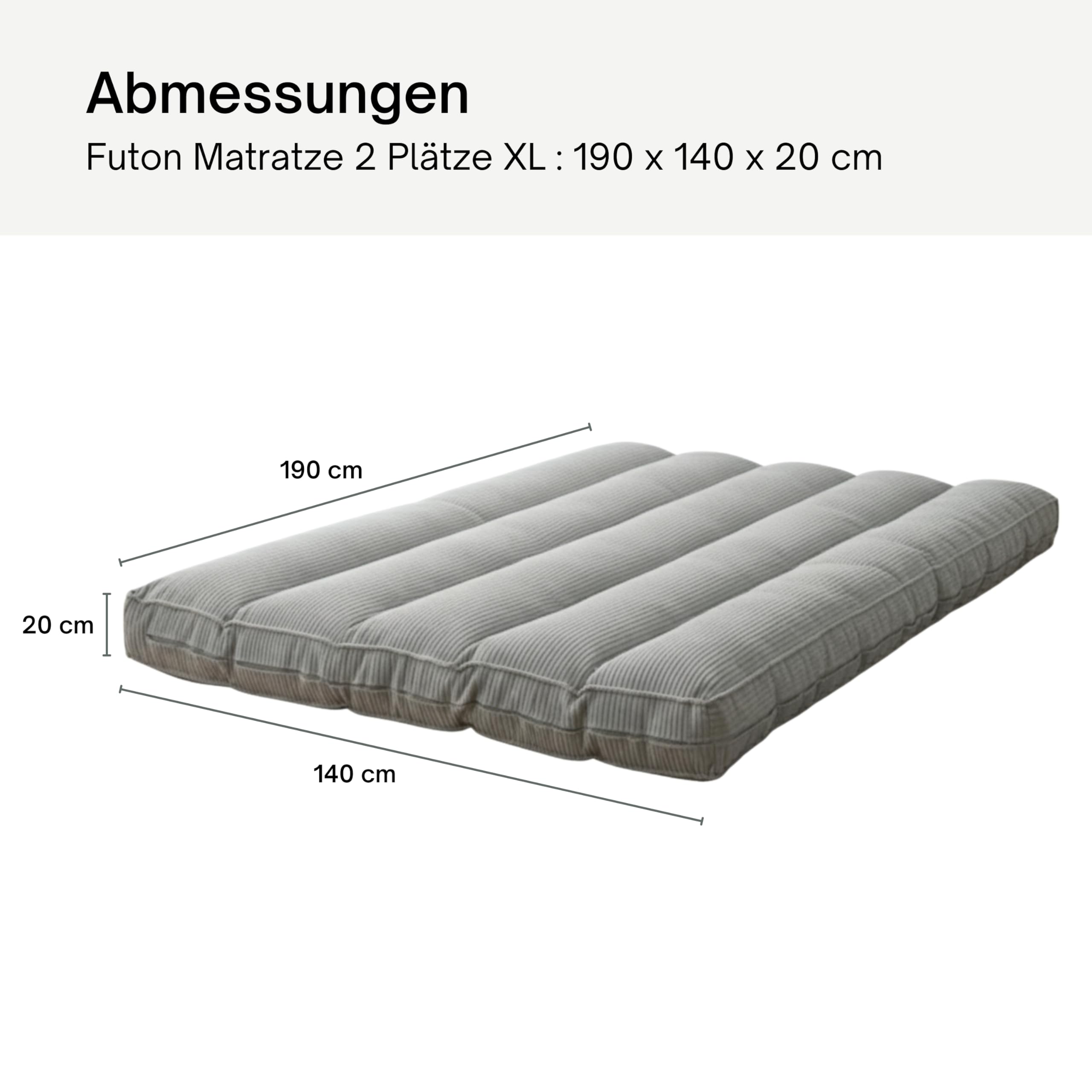 bananair Futon für 2 Personen - Dick & Bequem, Waschbarer Bezug, Ideal als Klappbare Bodenmatratze - Japanische Matratze, Aufbewahrungsgurt Enthalten (140 × 190 cm, Hellgrau)