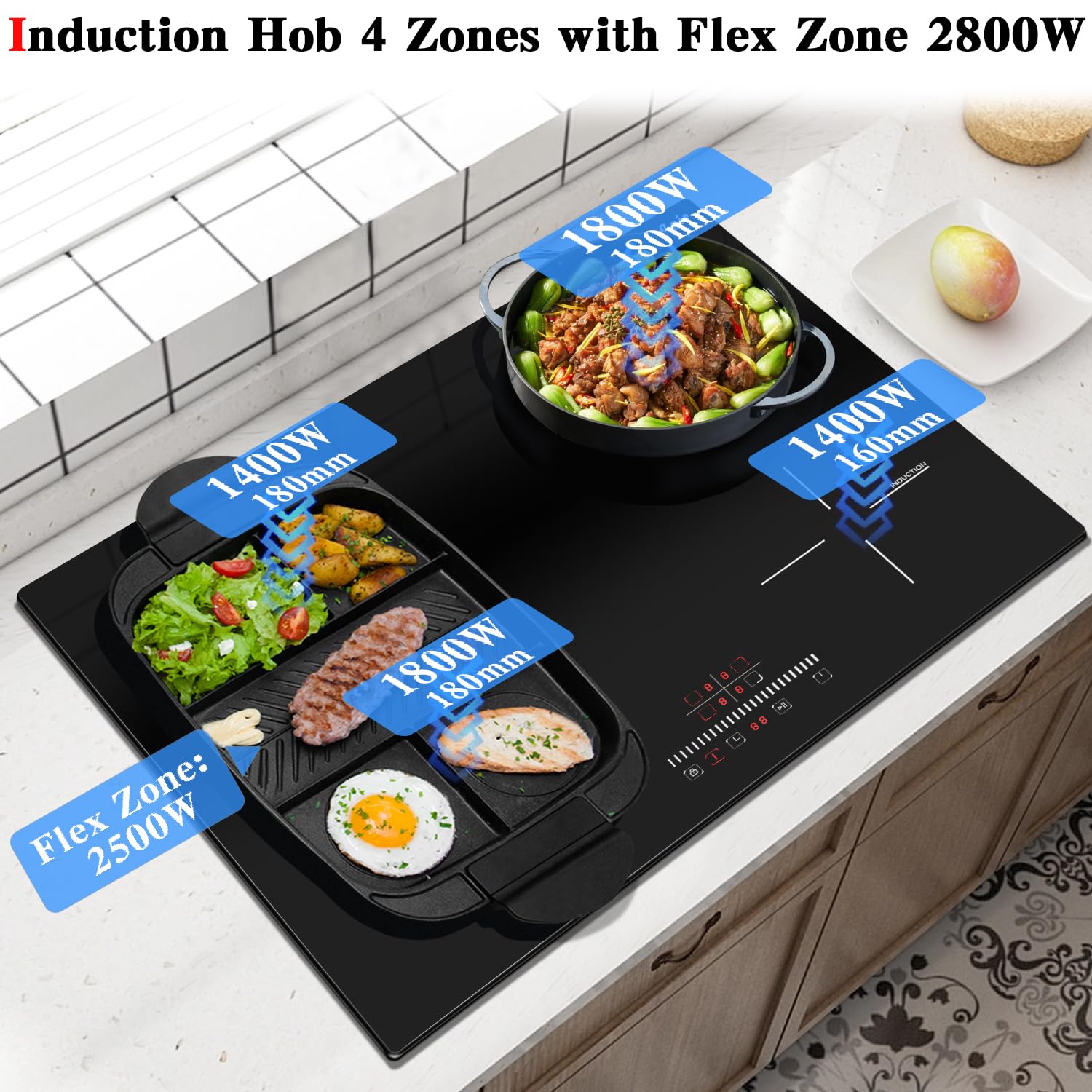 Induction Hob 60CM 4 Zone, Plug in Electric Hob 13 amp 4 ring, 2800W Electric Induction Hob 220V, Cooking Hob 60CM with Flexible Zone, Kitchen Hob with 99-Min Timer, Safety Lock — view 2