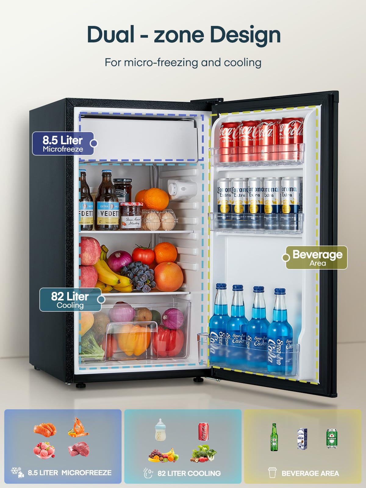 FOHERE 90L Kühlschrank mit Gefrierfach Klein & Gemüsefach | Ultra-Leiser Mini Kühlschrank für Schlafzimmer/Büro | 7-Stufen Thermostat, Energieeffizien | Schwarz