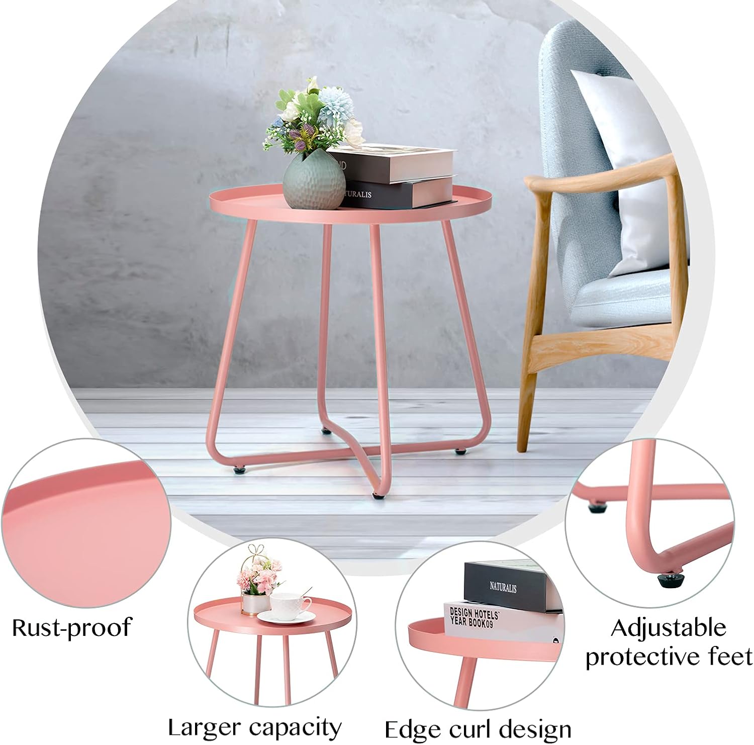 danpinera Outdoor Side Tables, Weather Resistant Steel Patio Side Table, Small Round Outdoor End Table Metal Side Table for Patio Yard Balcony Garden Bedside Pink : Patio, Lawn & Garden