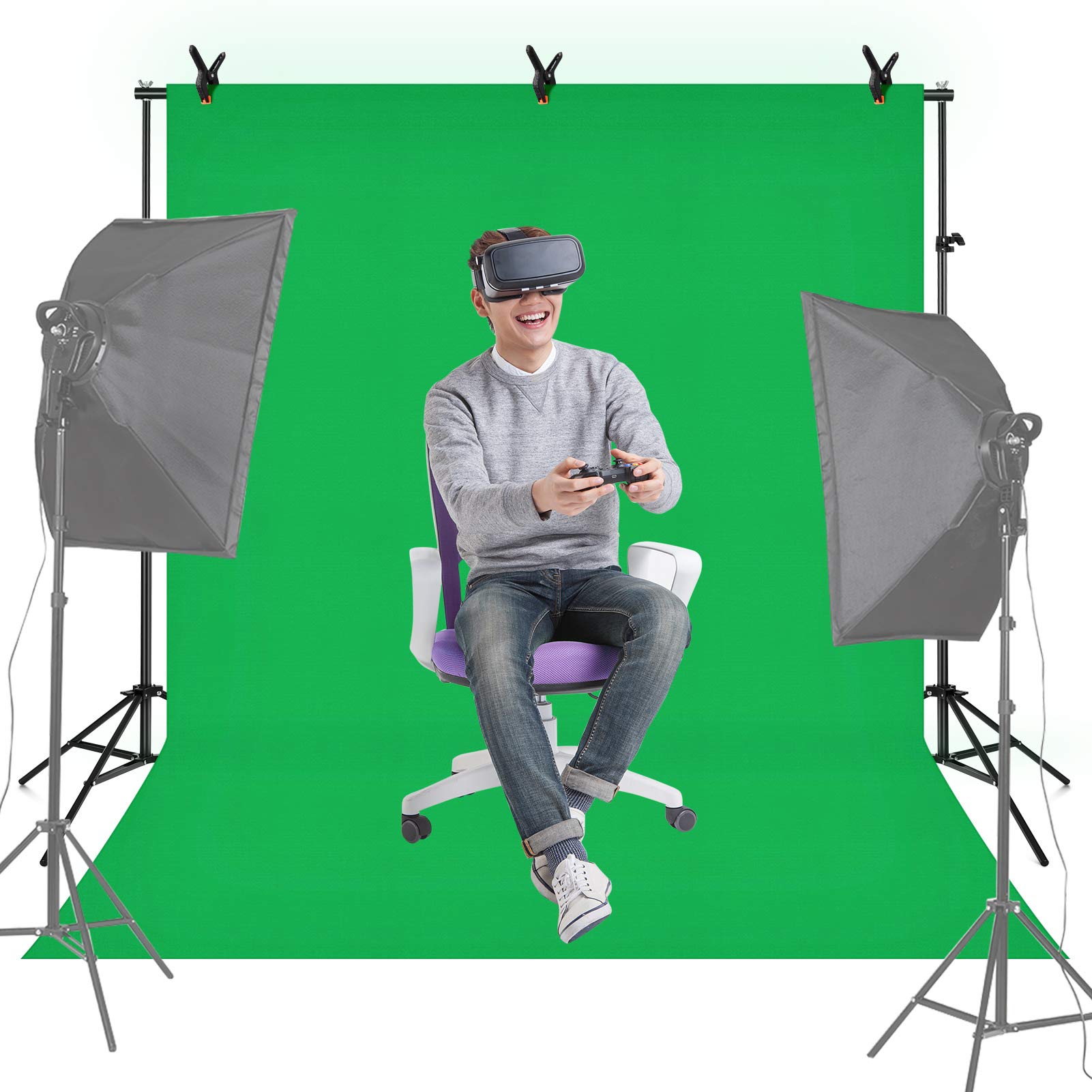 Kit fondale fotografico professionale per studio con schermo di sfondo lavabile bicolore da 6,6 * 10 piedi + staffa di supporto per fondale da 6,6 * 10 piedi + 3 morsetti per (Blu e verde)