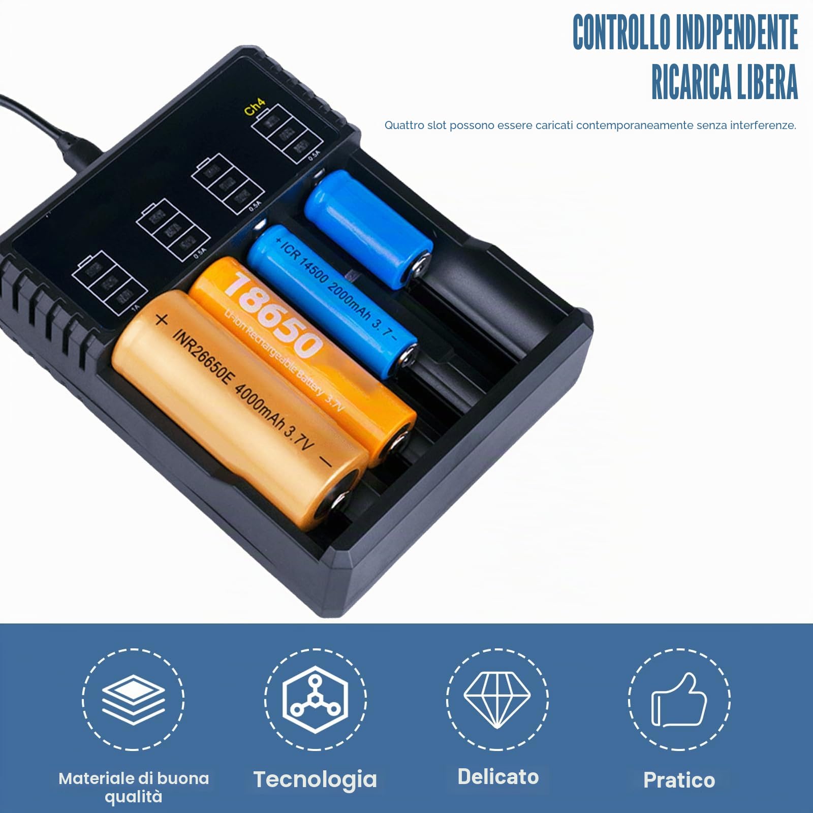 Caricabatterie universale 18650, a 4 scomparti, con indicatore LED, caricatore universale per batterie USB veloce per batterie agli ioni di litio 18650 18350 21700 16340 26650 AA AAA C 3,7 V