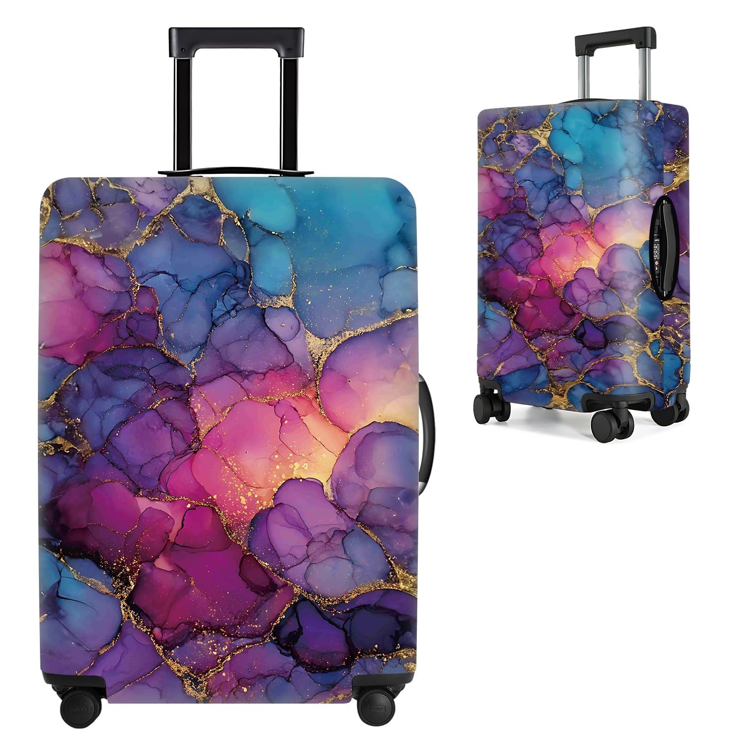 Elegant Marble Pattern Luggage Cover – Abstract Purple Blue Pink Design with Gold Veins – Stretch Suitcase Protector Fits 22"–25" Luggage,M