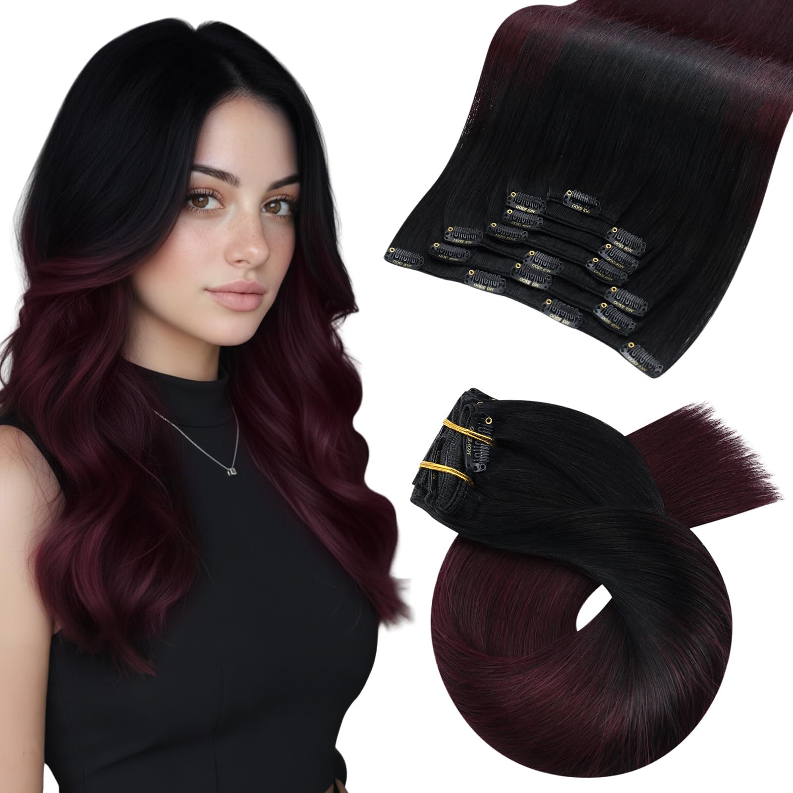 Moresoo Ombre Black to Red Hair Extensions Clip ins Long Natural Black to Burgundy Clip in Hair Extensions Red Double Weft 120g/7pcs 18 inch
