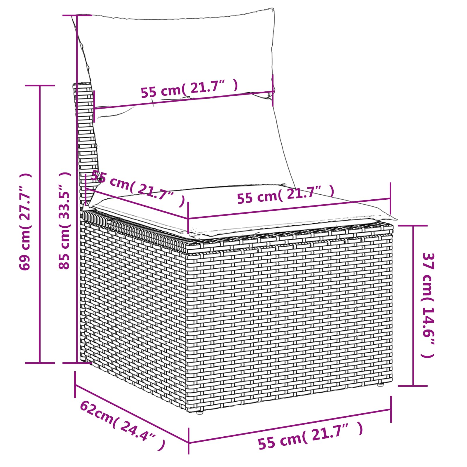 Divano da Giardino Polyrattan Marrone 55x62x69 cm | Cuscino seduta sfoderabile lavabile, telaio acciaio verniciato a polvere, design modulare, carico max 110 kg