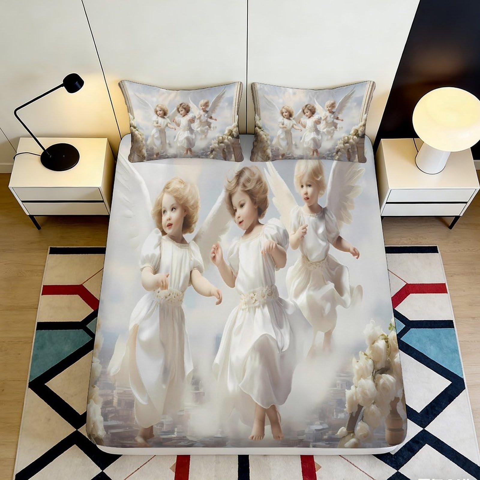 3D Printed Angel Fantasy Fitted Sheet Microfiber Soft Breathable Heaven Cloud Bed Cover for Bedroom Guest Room Decor 90x200x25cm