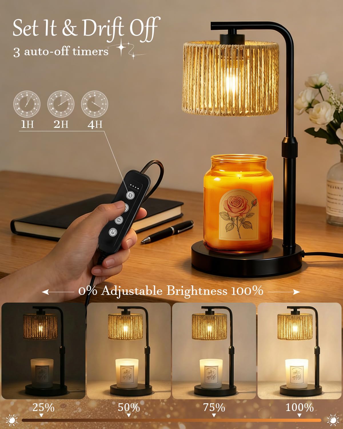 Lampada riscaldante per candele, dimmerabile con timer, altezza e luminosità regolabili, paralume in rattan boho e 2 lampadine, adatta per decorazione domestica, regalo di compleanno per donne e mamme