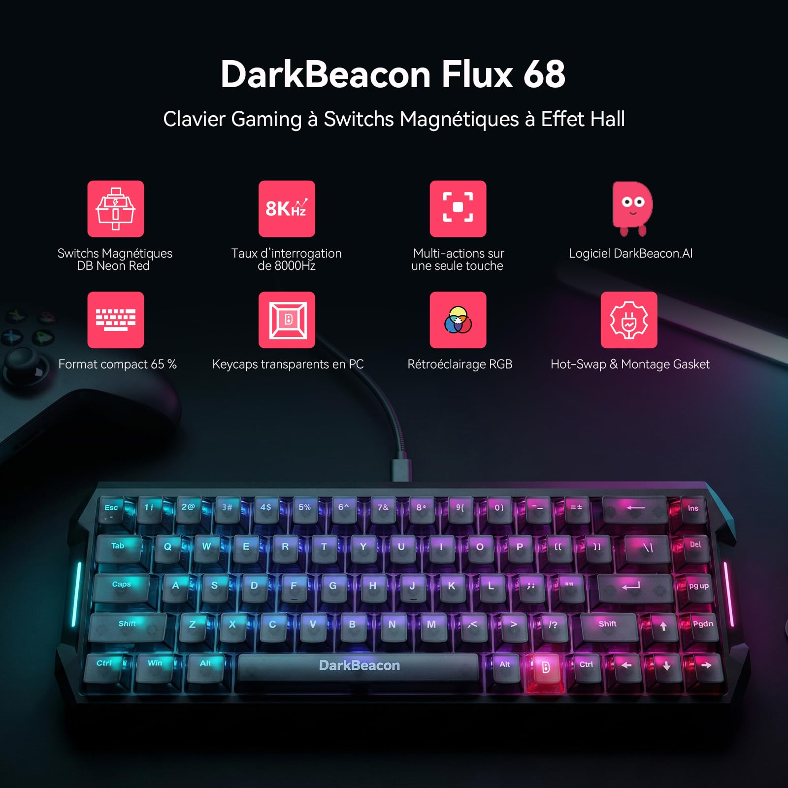 DarkBeacon Flux68 HE Clavier Magnétique, 8000Hz Rapid Trigger, Logiciel IA, Clavier Gamer Filaire 65%, Précision RT 0,01 mm, Actionnement Réglable, Snap Tap/DKS, Hot Swap, pour PC/Mac