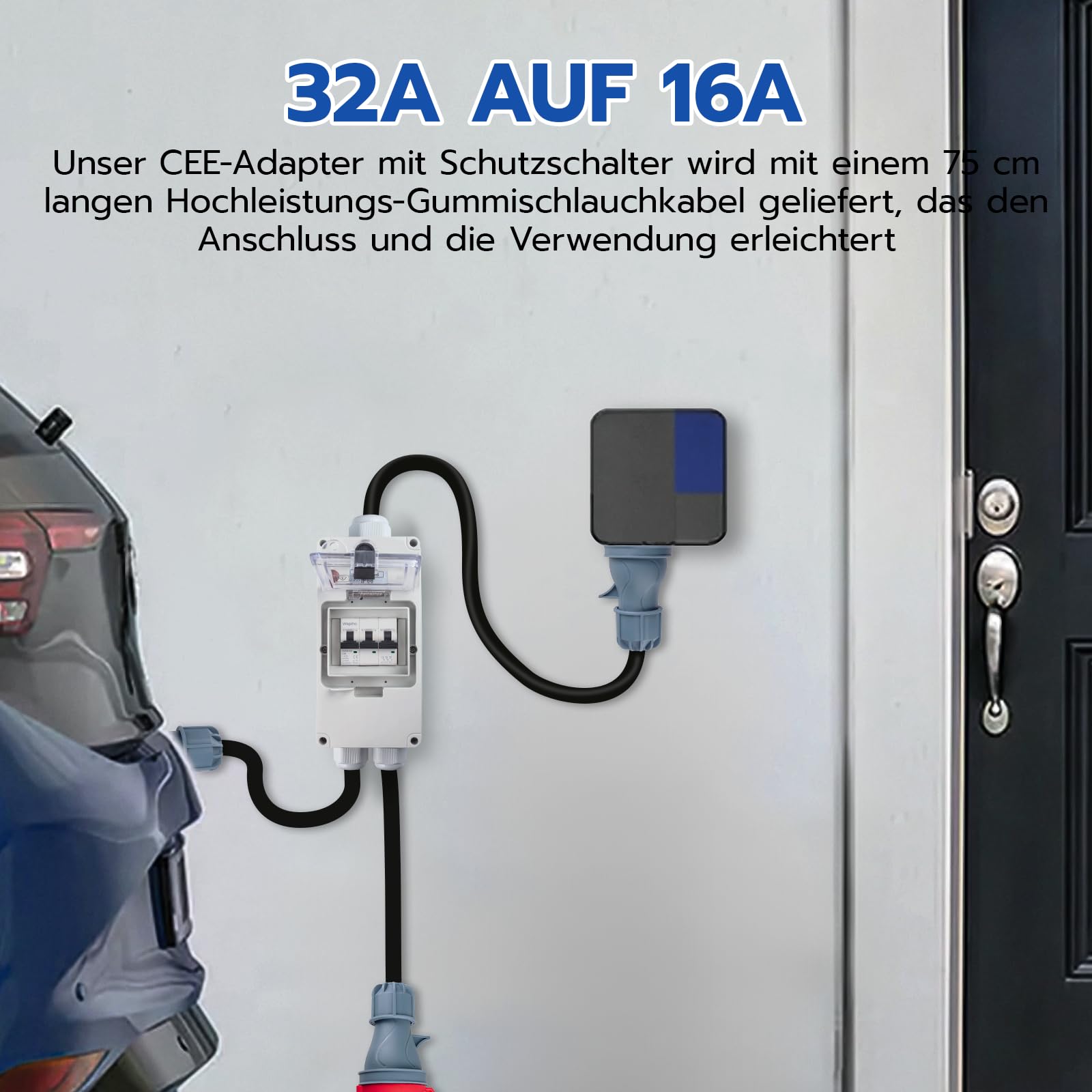 Starkstrom Adapter 32A auf 16A mit Leitungsschutzschalter,CEE Adapter 32A Stecker 16A Kupplung mit 2,5 mm² CEE Verlängerungskabel für Camping, Werkstatt, Baustelle und Außenbereich
