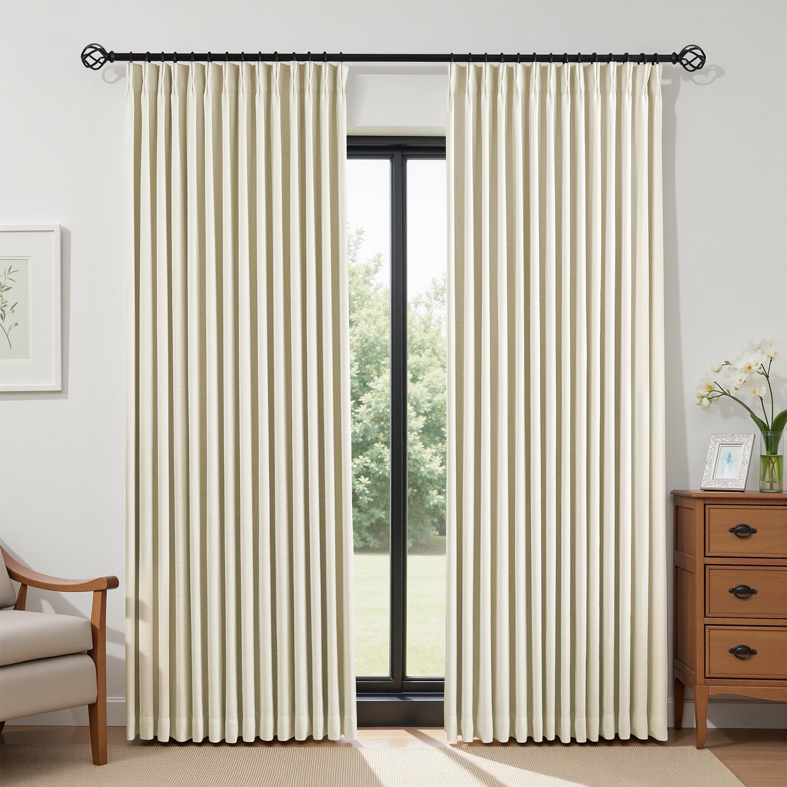 Photo 1 of Cream Beige Pinch Pleated Full Blackout Linen Curtains for Bedroom, Black Out Curtains 108 Inches 1 Panel for Living Room Darkening Thermal Insulated Neutral Pleat Drapes with 12 Hooks, 60''Wx108''L