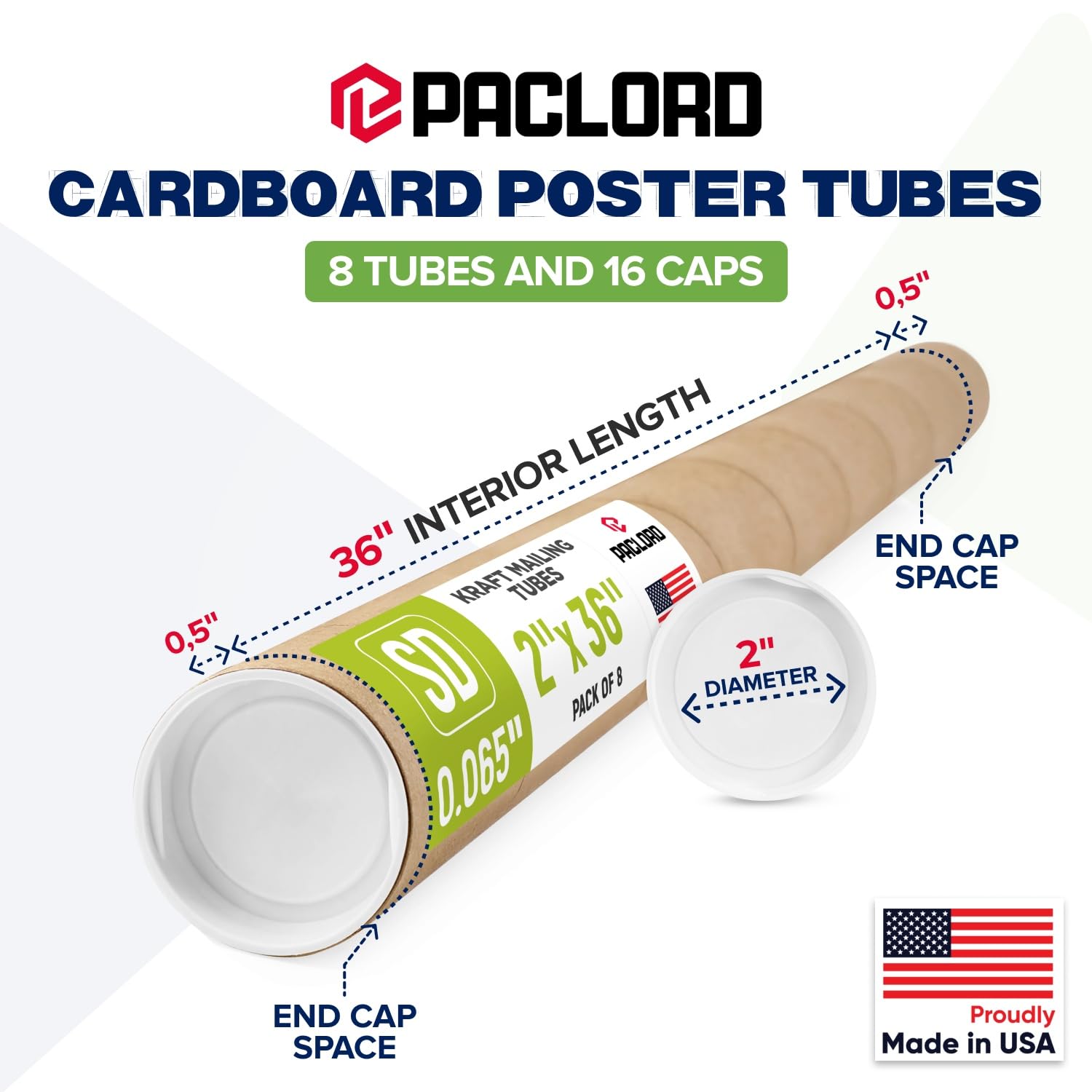 Tubos de correo de papel kraft reforzados de 2 x 36 pulgadas, paquete de 8 tubos con 2 tapas cada uno, tubo de póster aprobado por USPS, tubo de cartón fabricado en Estados Unidos para enviar y