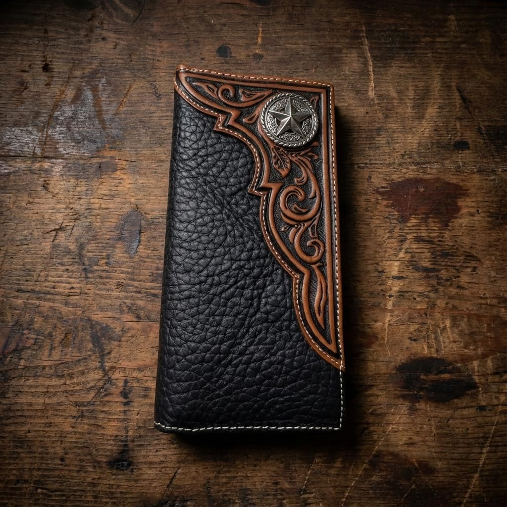 Men’s Long Leather Wallet – Tooled Inlay with Lone Star Concho – Western Bifold Checkbook Wallet for Texans, Cowboys & Ranch Lifestyle Gifts