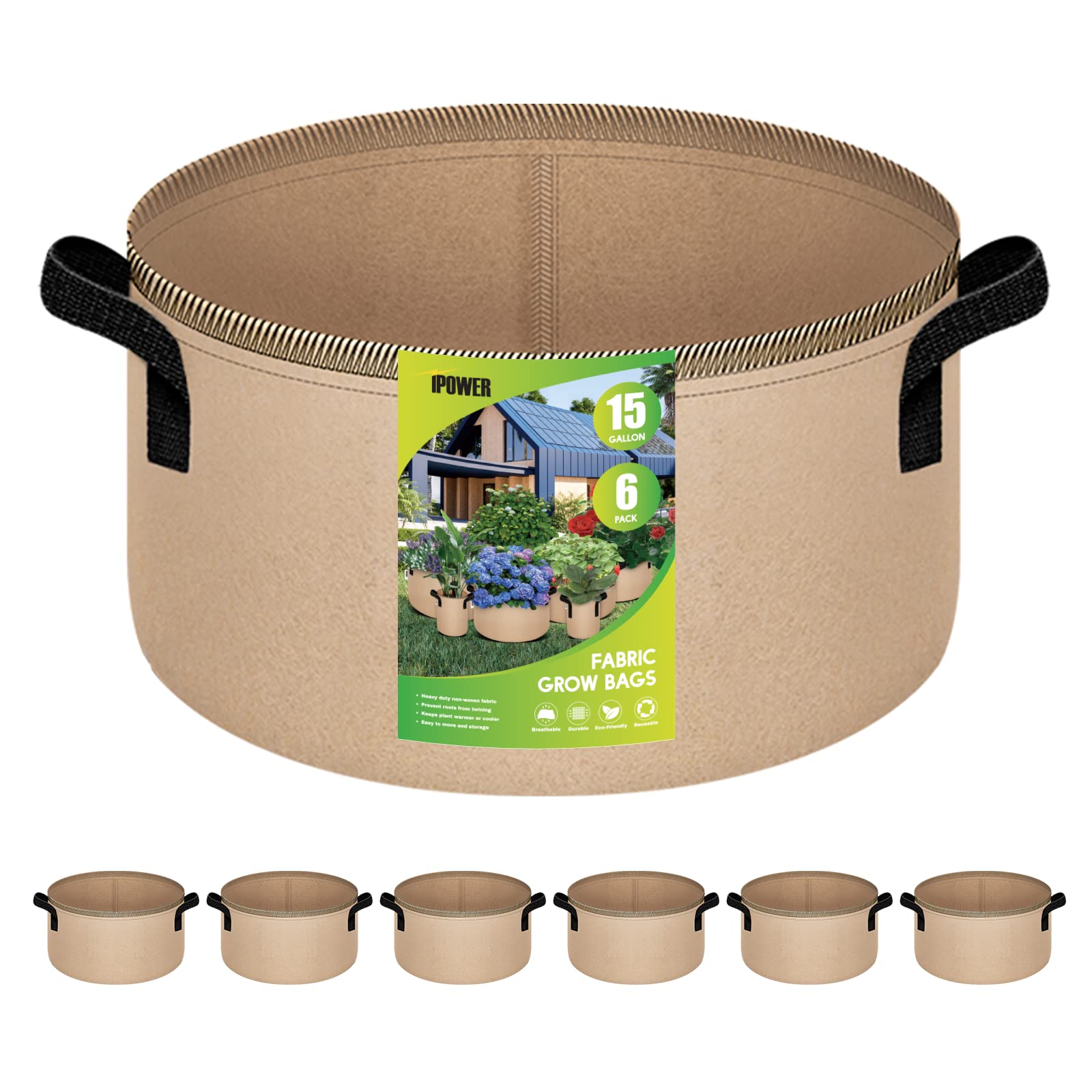 iPower Plant Grow Bag 15 Gallon 6-Pack Heavy Duty Fabric Pots, 300g Thick Nonwoven Fabric Containers Aeration with Nylon Handles, for Planting Vegetables, Fruits, Flowers, Tan 2024 Version
