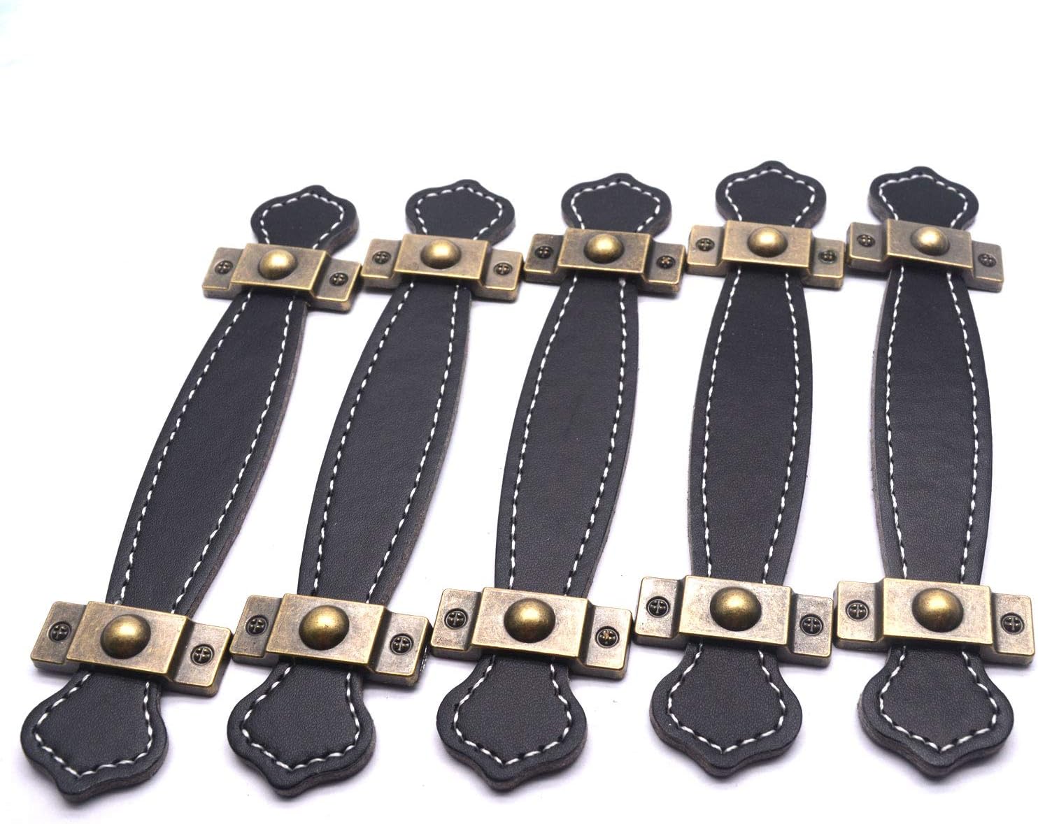 T Tulead Black Handle Leather Handle Replacement Handle Leather Drawer Handle Cabinet Pull Strap 6.3",5PCS with Mounting Screws