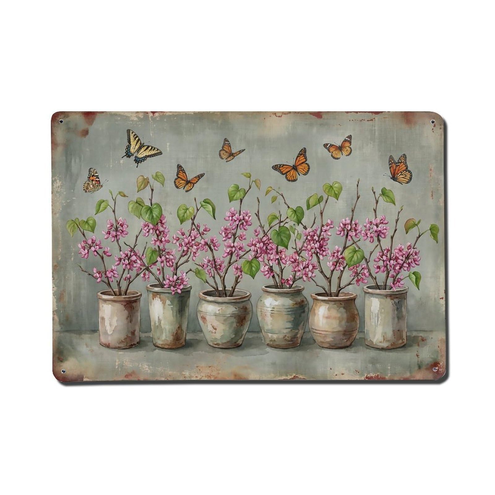 Vintage Rustic Flower Potted Plants Redbud Metal Tin Sign
