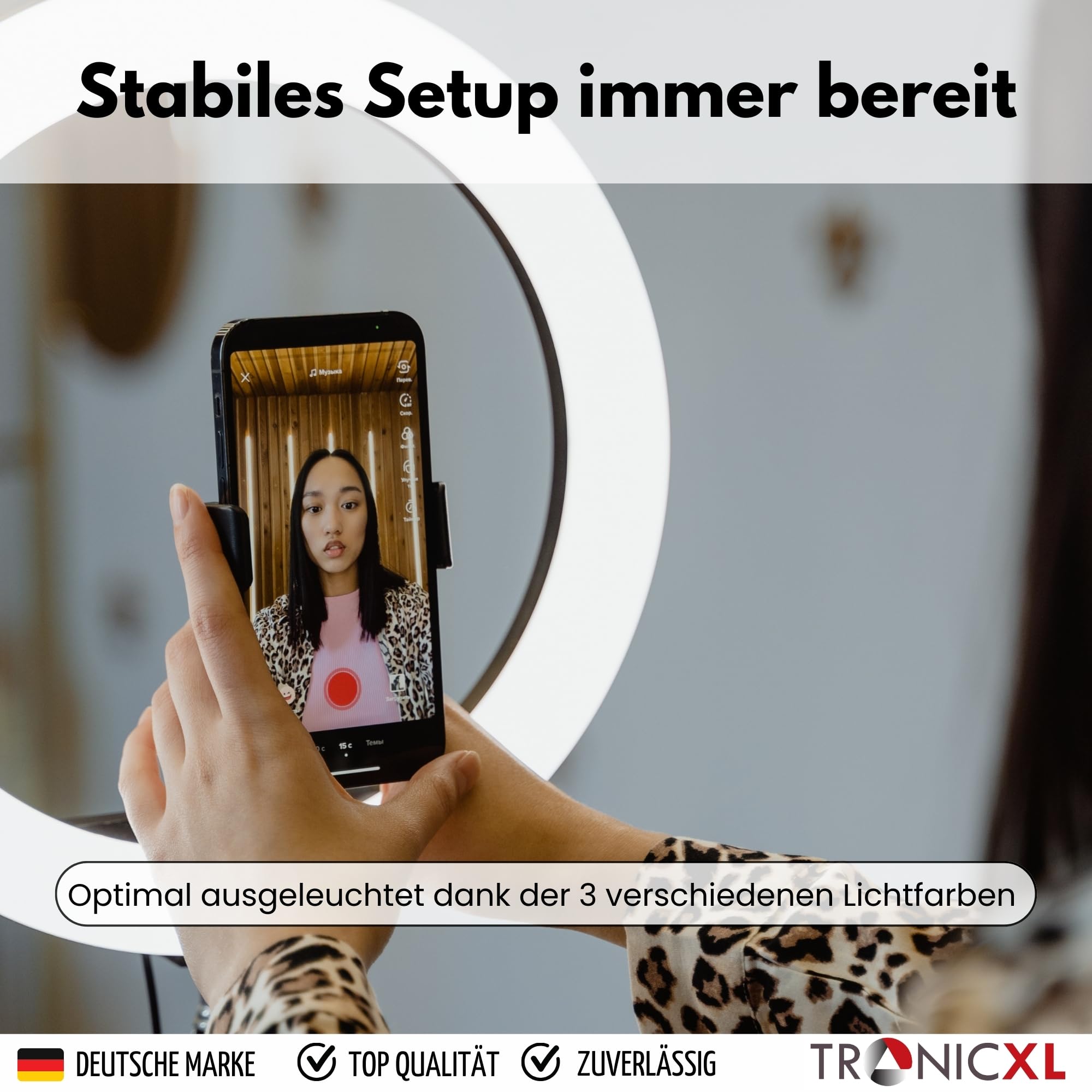 TronicXL Luce ad anello con treppiedi da tavolo anello leggero supporto per cellulare compatibile con iPhone smartphone supporto luce per YouTube Video Stream TikTok foto video supporto da tavolo