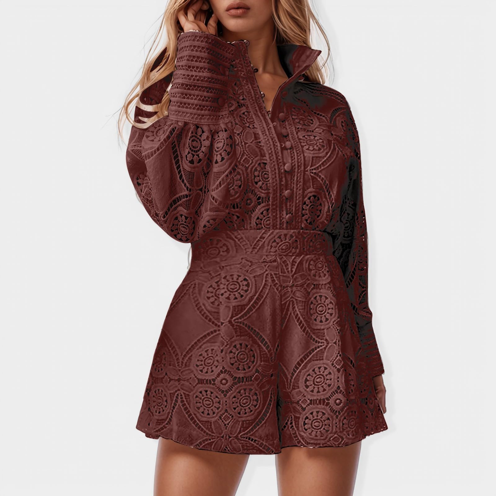 Generisch 2026 Shorts Set 2-teiliges Outfit für Damen,Sommerlicher lässiger Anzug mit einfarbige Kragen, Spitzenenshorts und Langen Ärmel