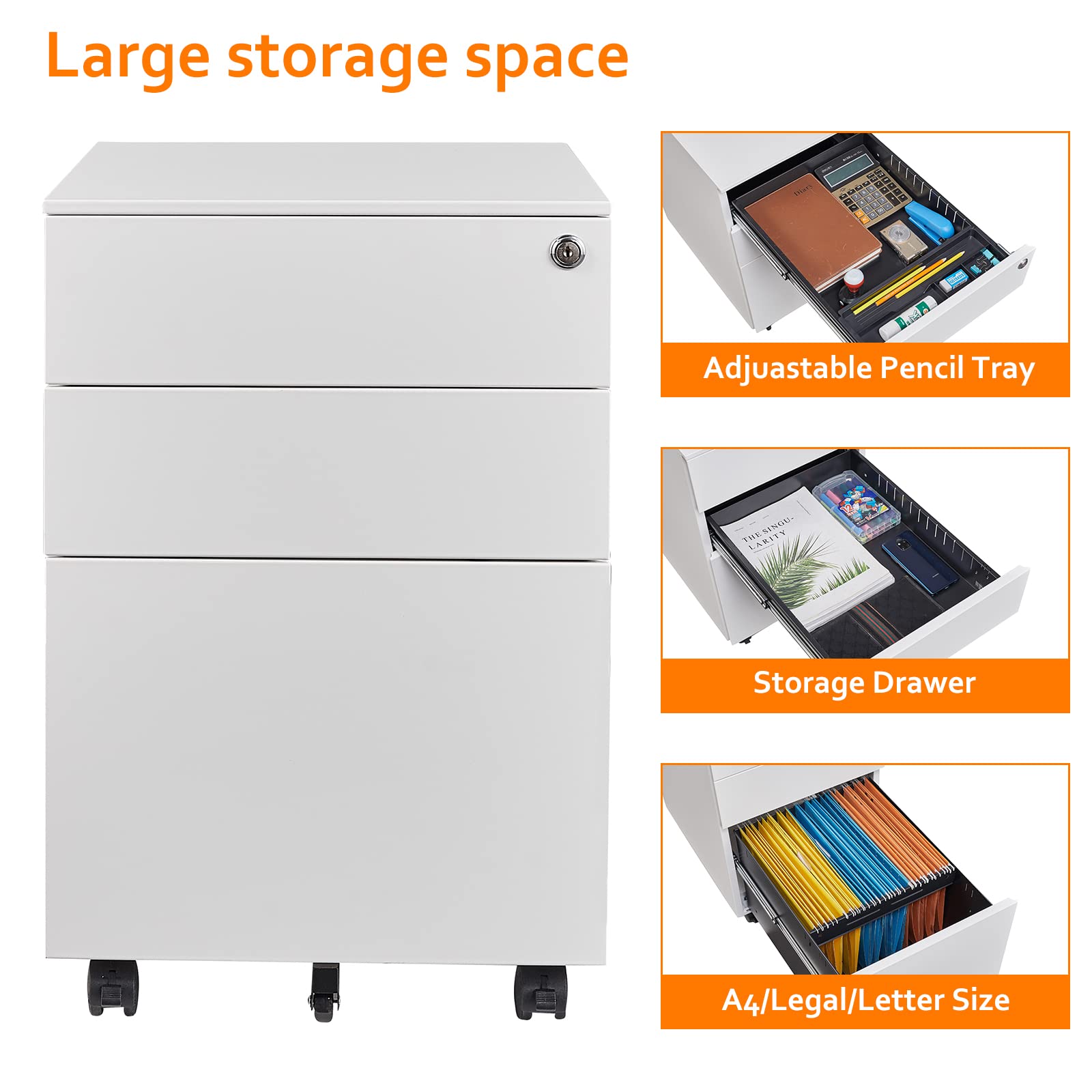 Rollcontainer mit 3 Schubladen Aktenschrank Büroschrank Bürokommode abschließbarer Bürocontainer File Cabinet Beistellcontainer Dokumentenschrank Aufbewahrung von Akten Büroutensilien 39 x 50 x 60 cm