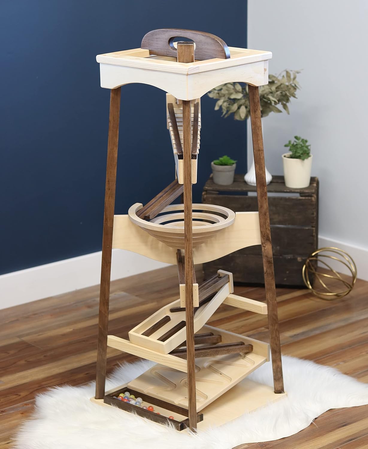 AmishToyBox.com Pyramid Marble Tower Run Wooden Toy - 39" High - Pack of Marbles Included (Walnut and Natural Finish)