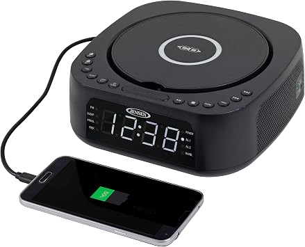 Jensen JCR-375 Stereo Digital Dual-Alarm Clock with Top-Loading CD Player, FM Tuner, USB Charging Port, and Battery Backup