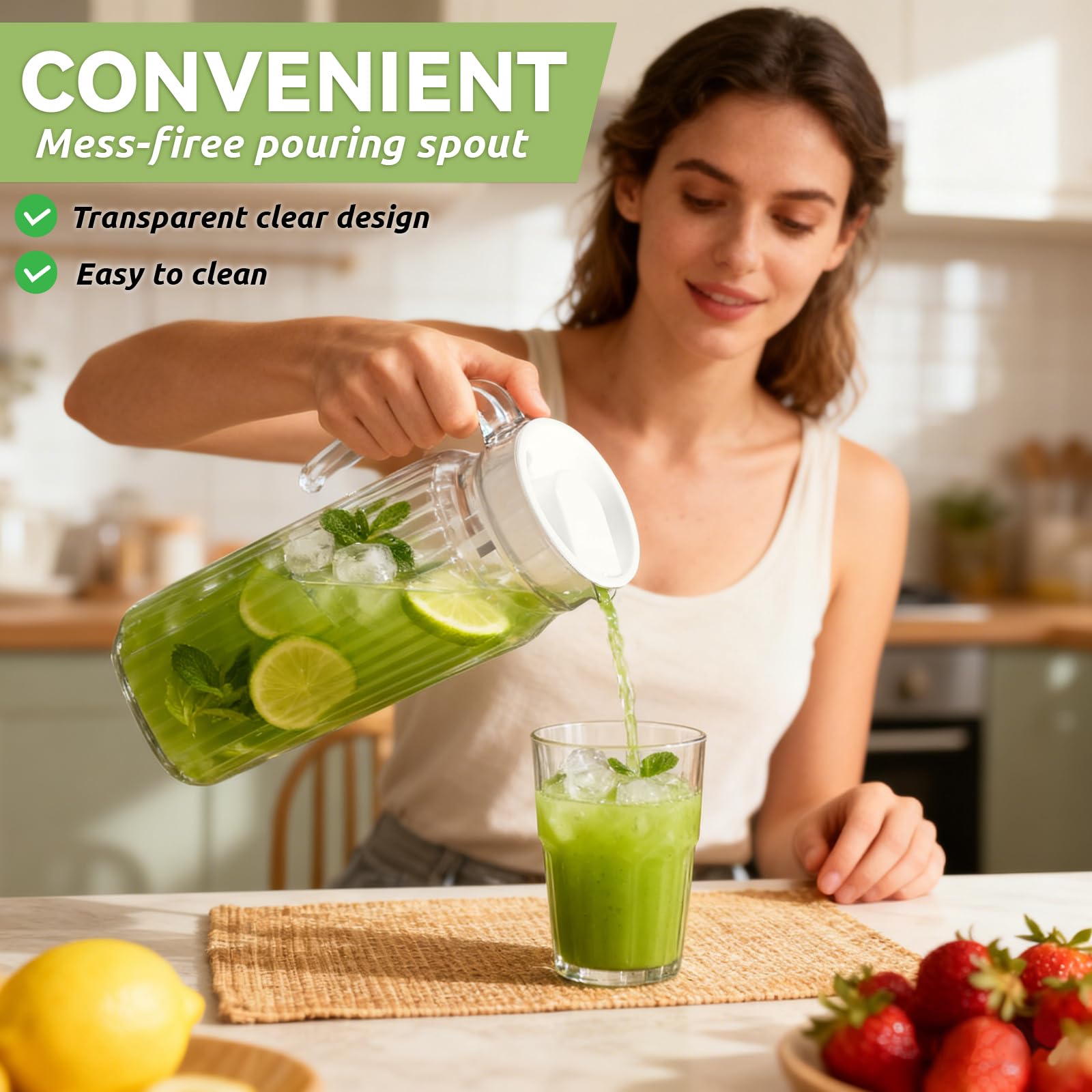 Caraffa per Acqua in Vetro con Coperchio, Confezione da 2 Pezzi da 1,1 Litri, Caraffa in Vetro con Maniglia, Adatta per Bevande Fai da Te, Succo, Tè Freddo, Latte, Acqua, Caffè